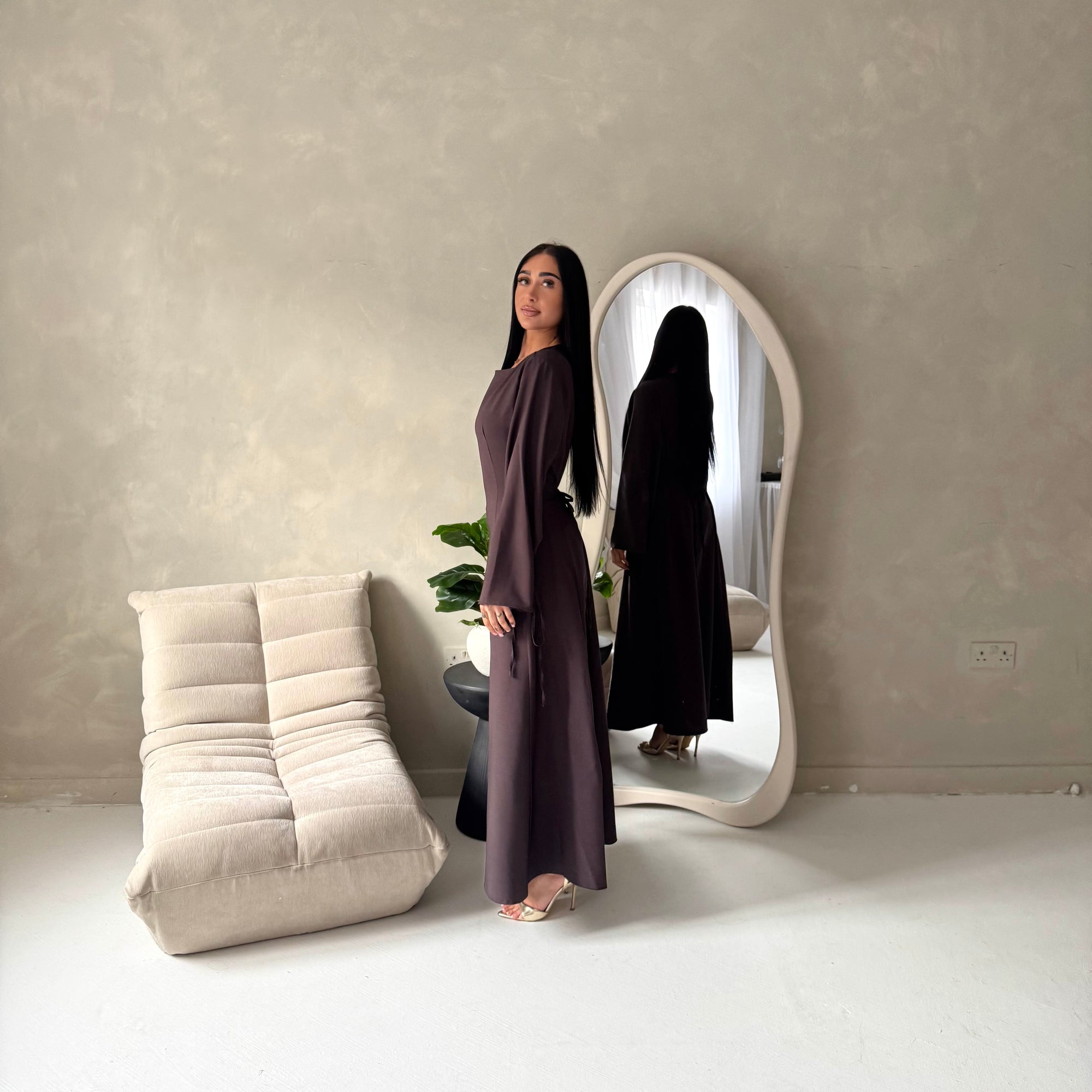 Noor Brown Plain A Line Tie Back Smock Dress
