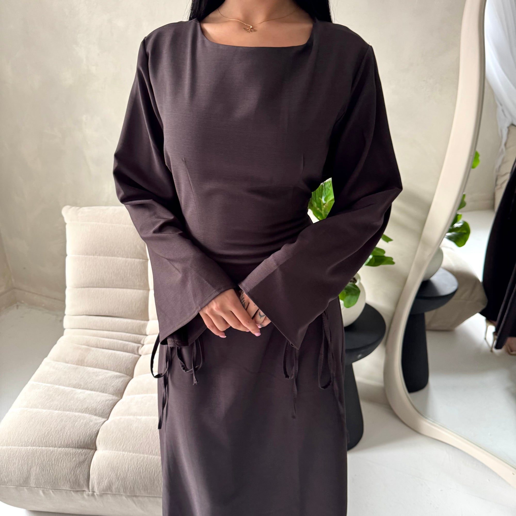 Noor Brown Plain A Line Tie Back Smock Dress
