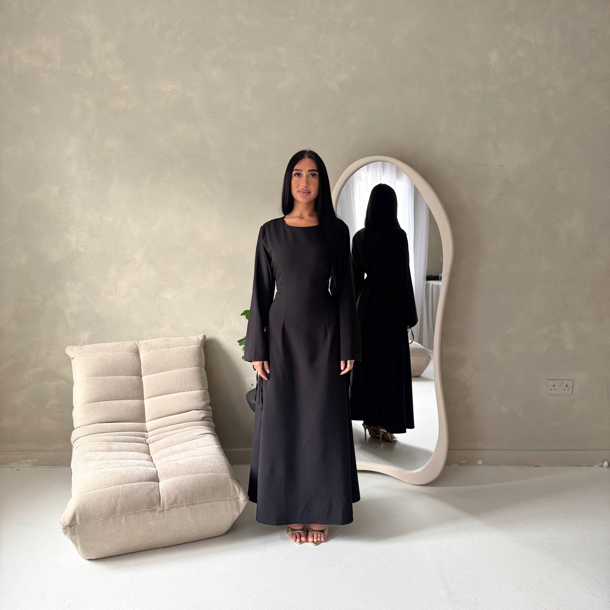 Noor Black Plain A Line Tie Back Smock Dress