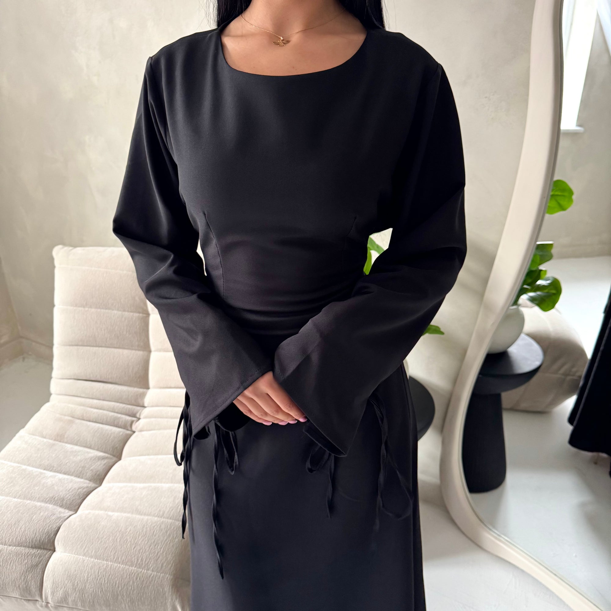 Noor Black Plain A Line Tie Back Smock Dress