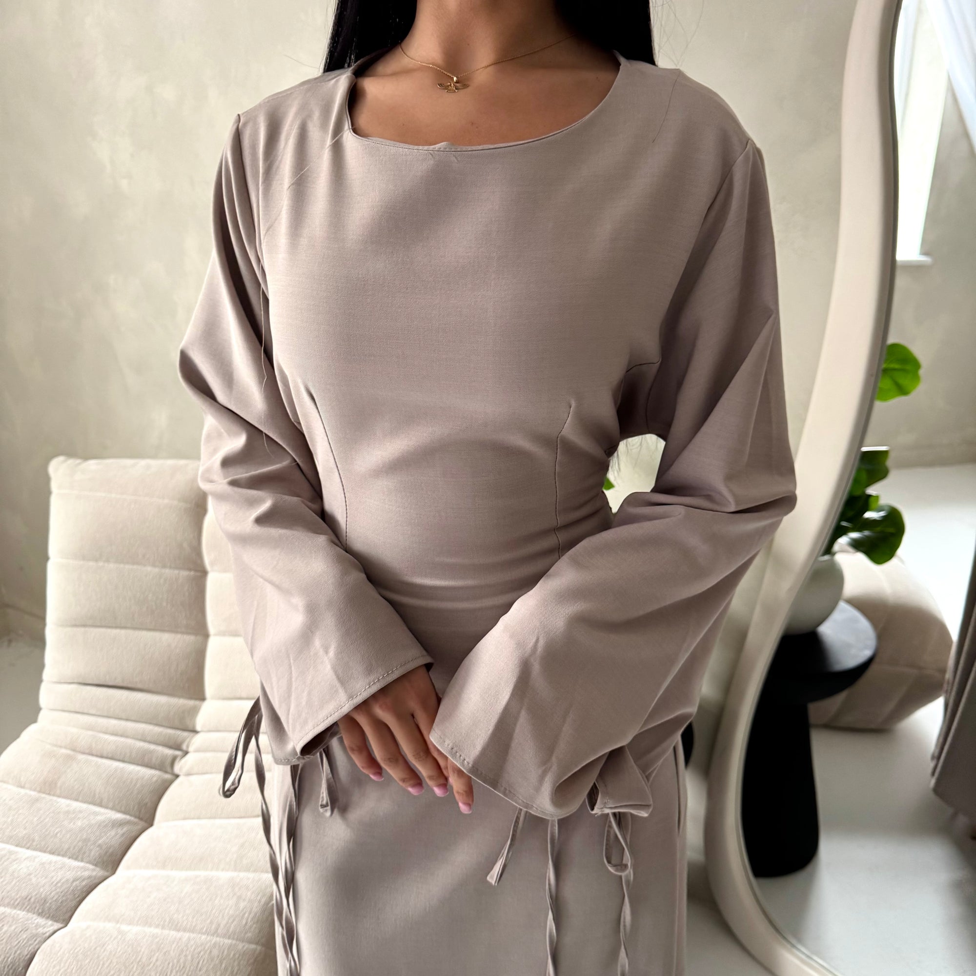 Noor Mocha Plain A Line Tie Back Smock Dress