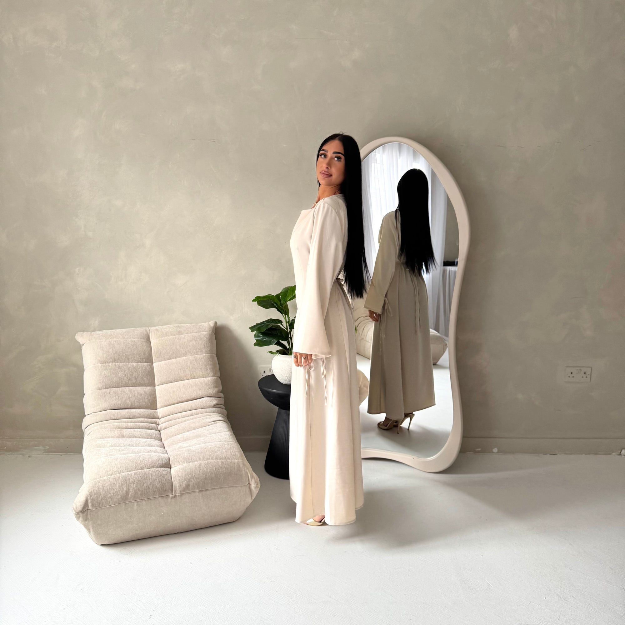 Noor Beige Plain A Line Tie Back Smock Dress