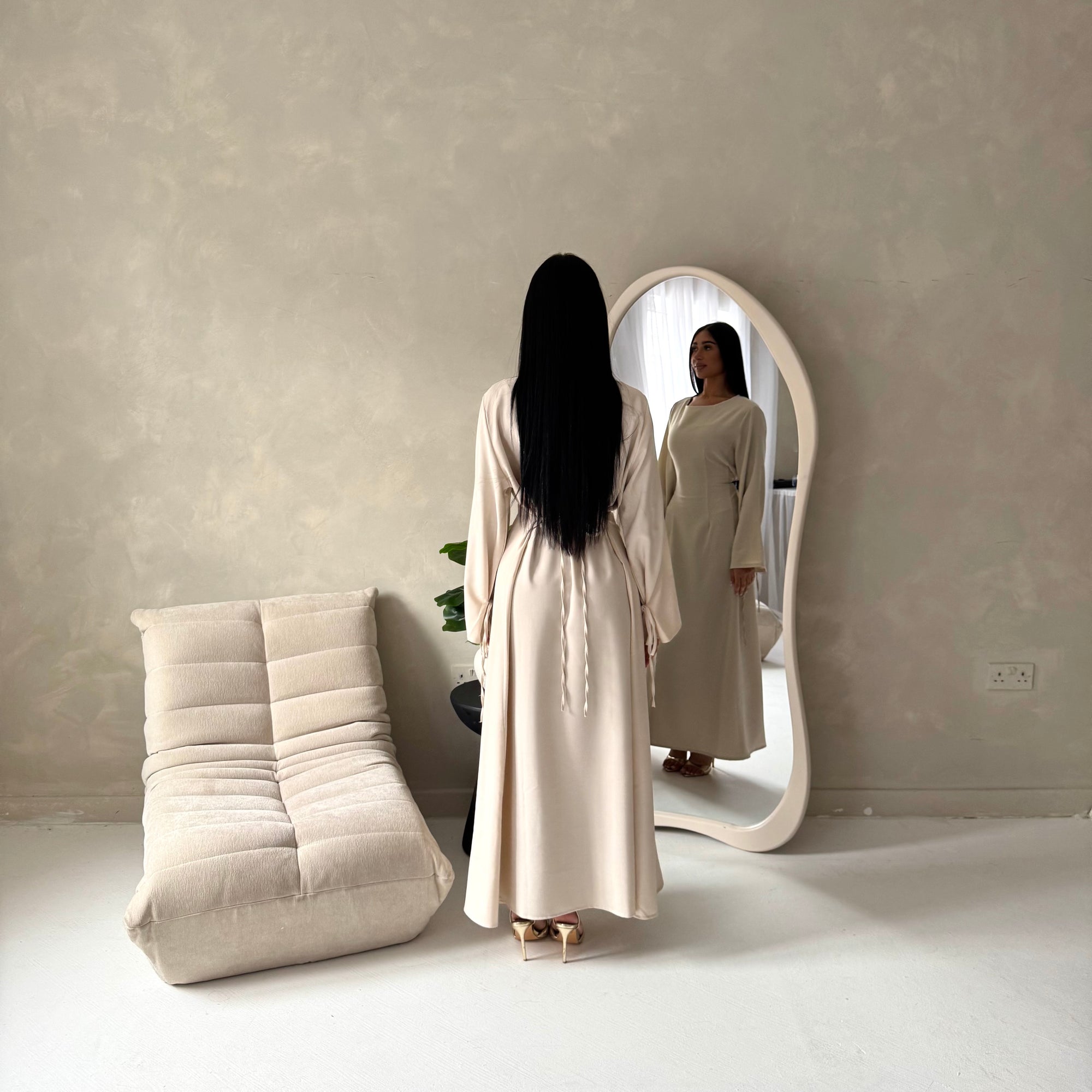 Noor Beige Plain A Line Tie Back Smock Dress