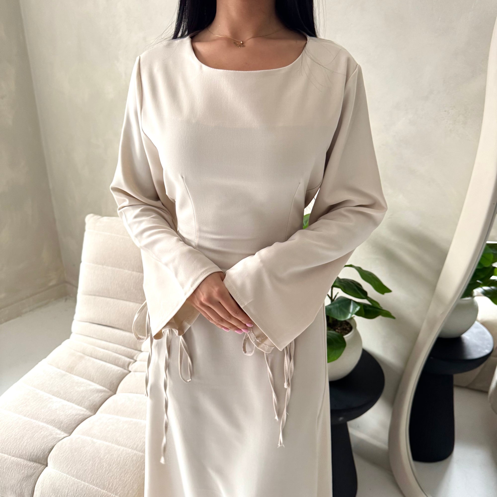 Noor Beige Plain A Line Tie Back Smock Dress
