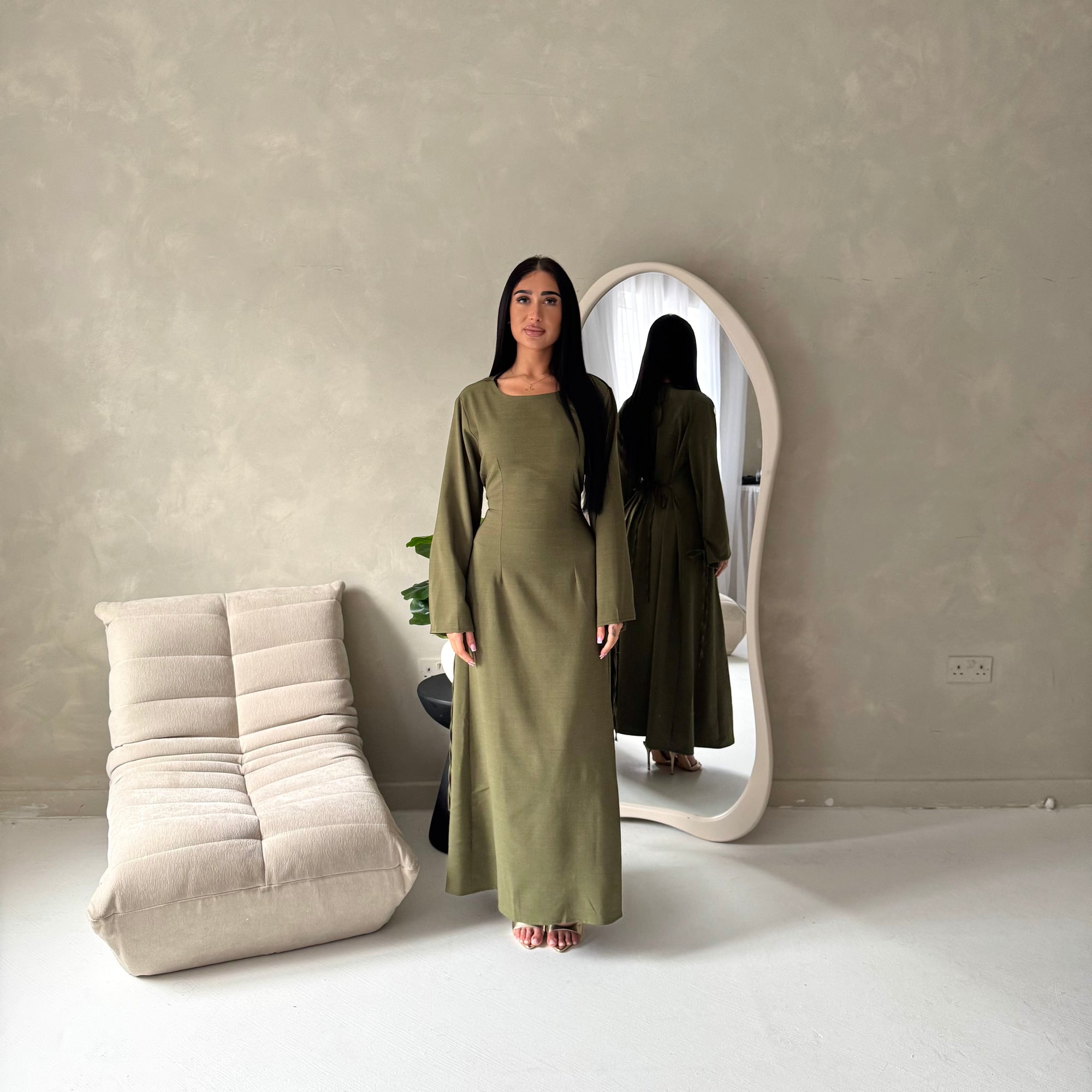 Noor Khaki Plain A Line Tie Back Smock Dress