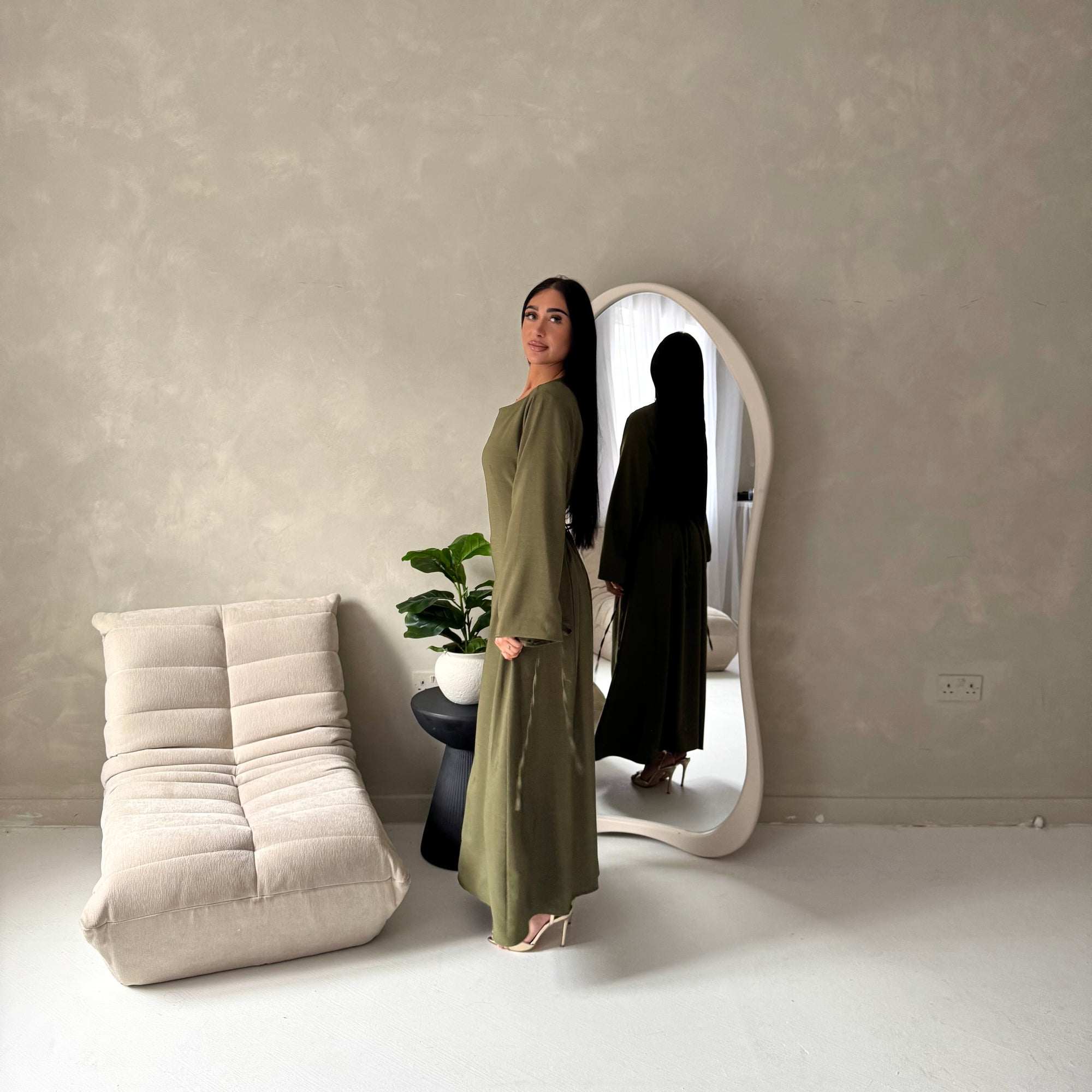 Noor Khaki Plain A Line Tie Back Smock Dress