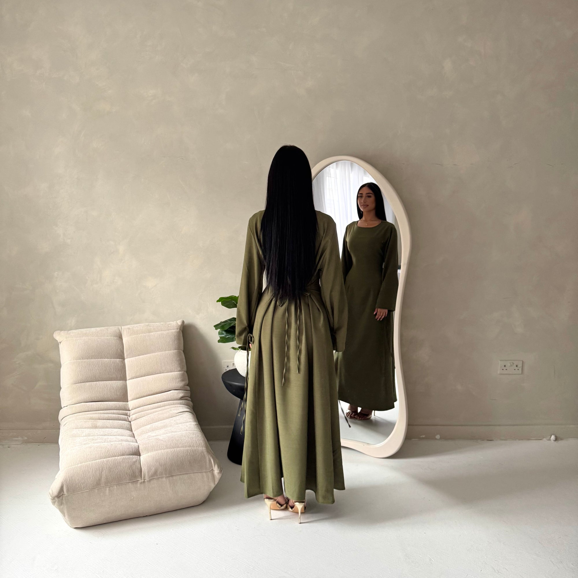 Noor Khaki Plain A Line Tie Back Smock Dress