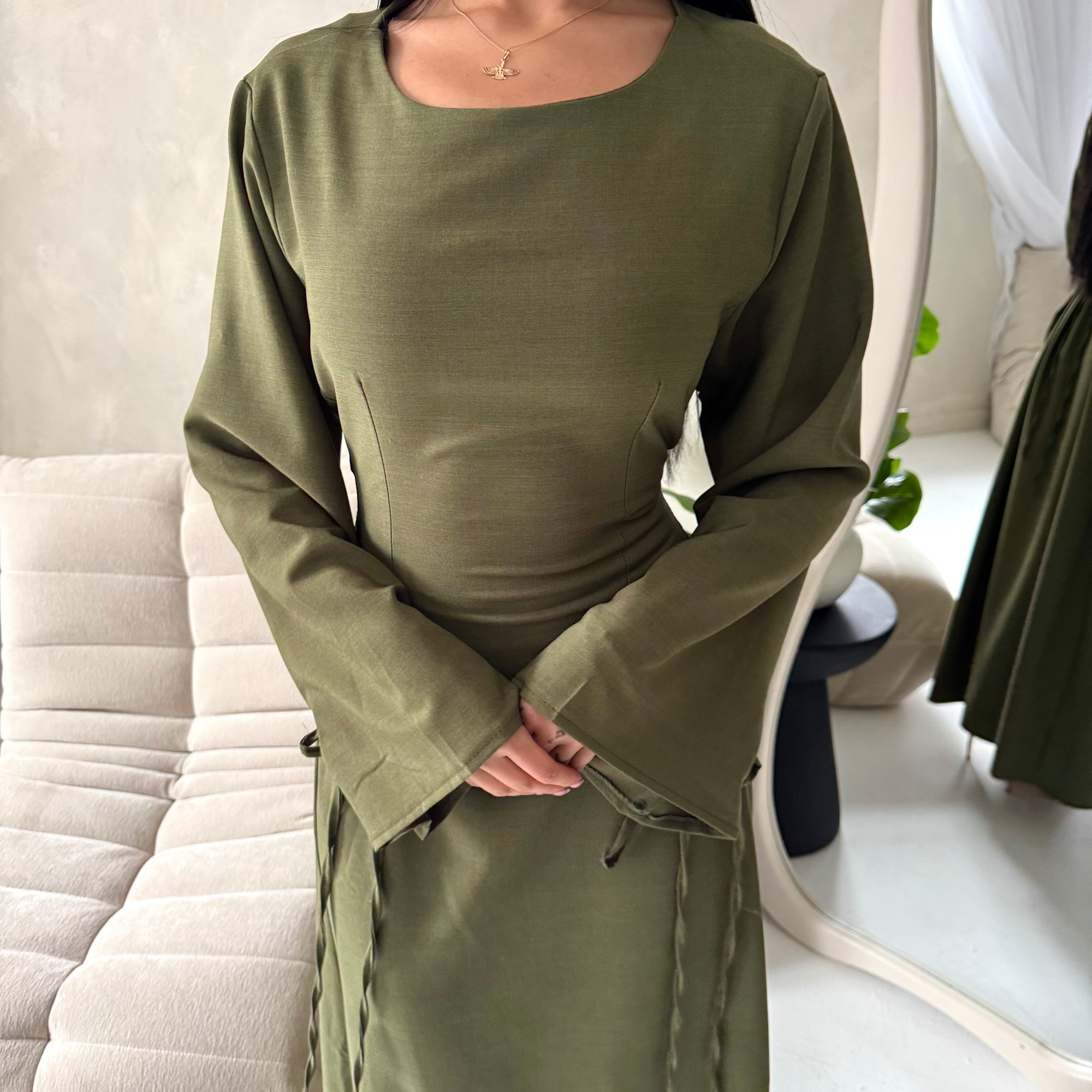 Noor Khaki Plain A Line Tie Back Smock Dress