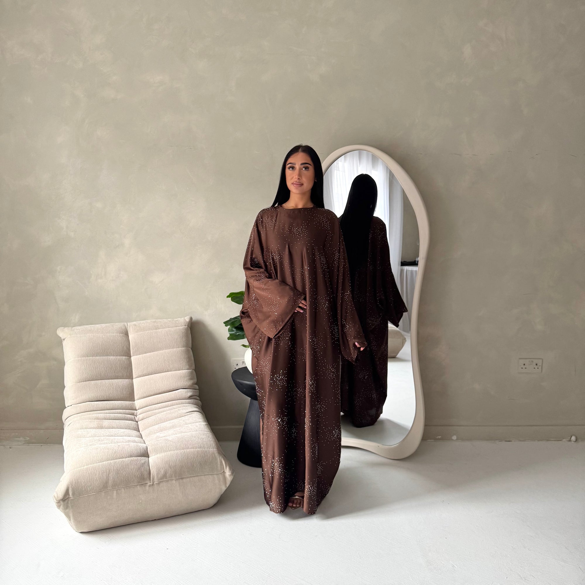 Roya Brown Diamante Detail Modest Kaftan Dress