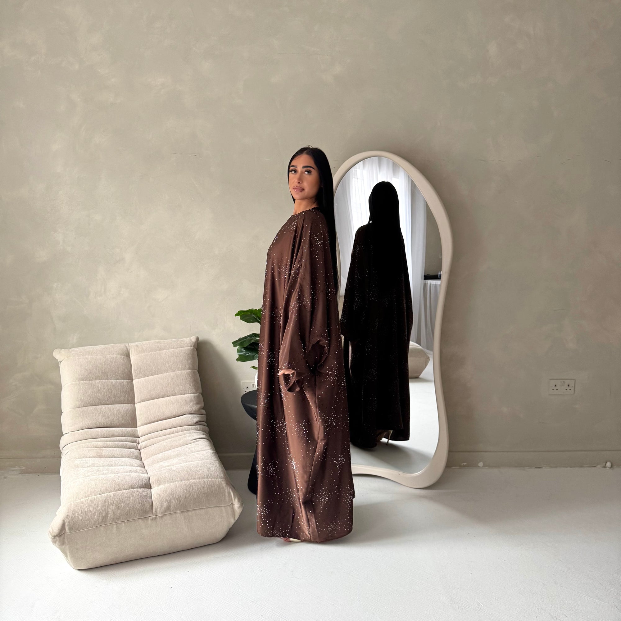 Roya Brown Diamante Detail Modest Kaftan Dress