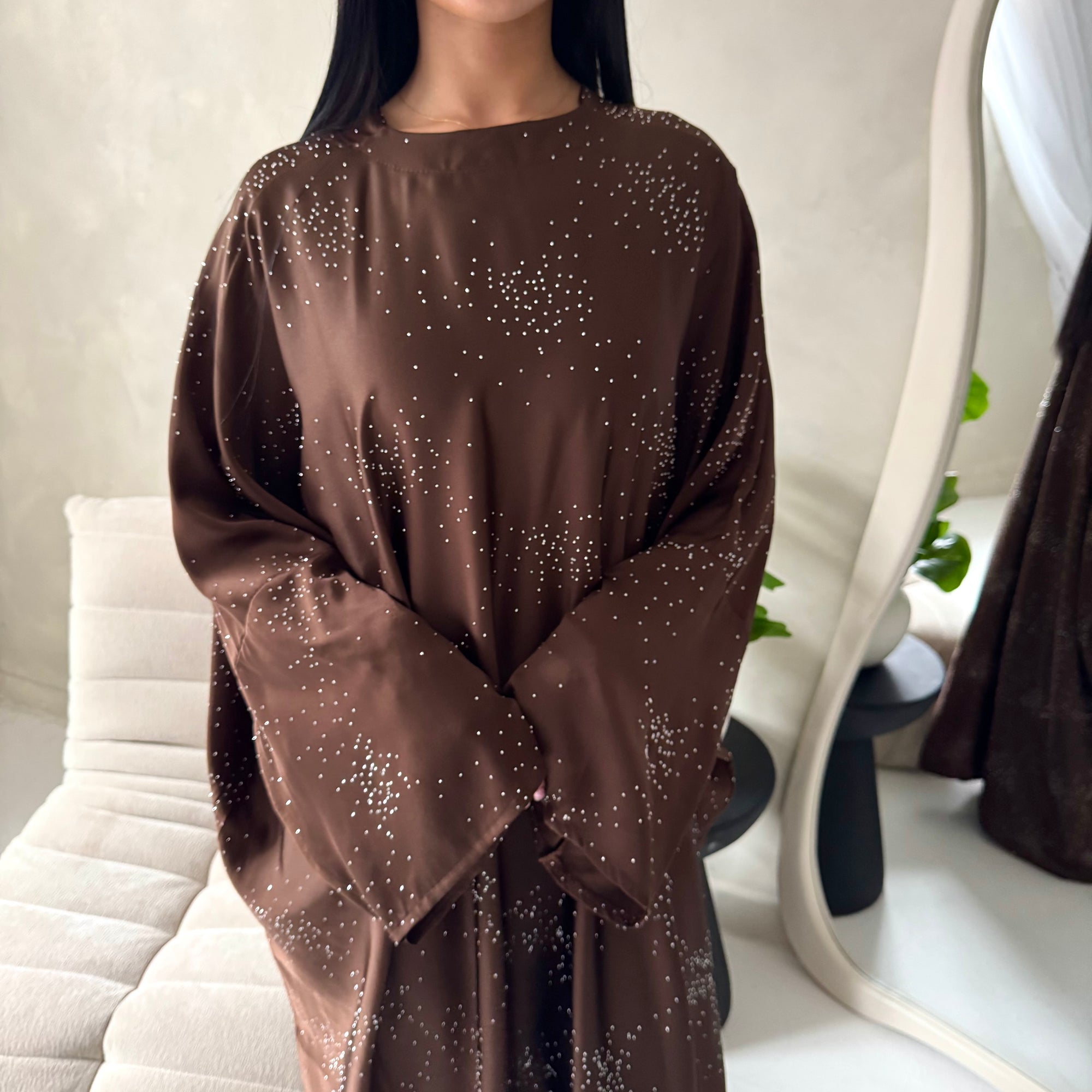 Roya Brown Diamante Detail Modest Kaftan Dress