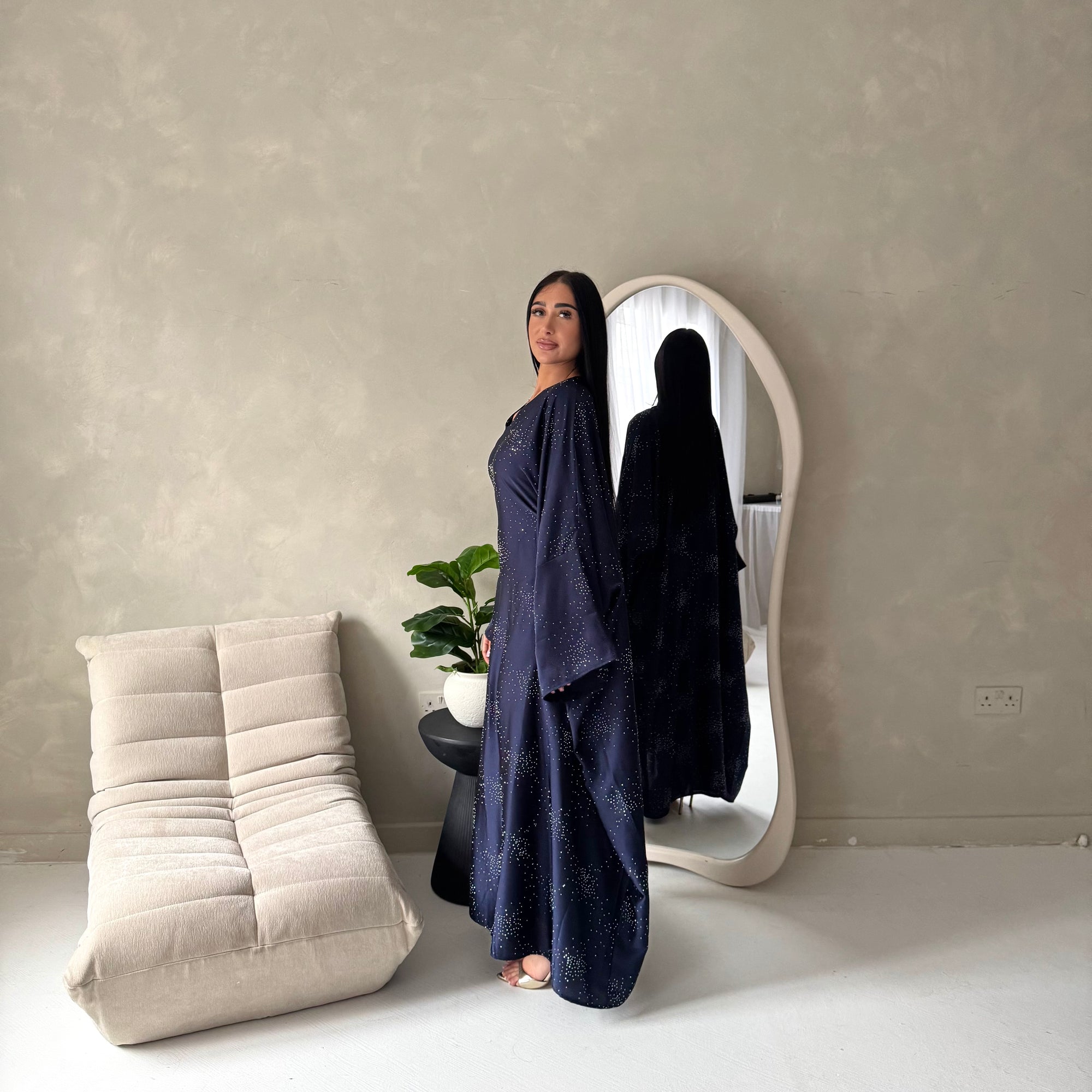 Roya Navy Diamante Detail Modest Kaftan Dress