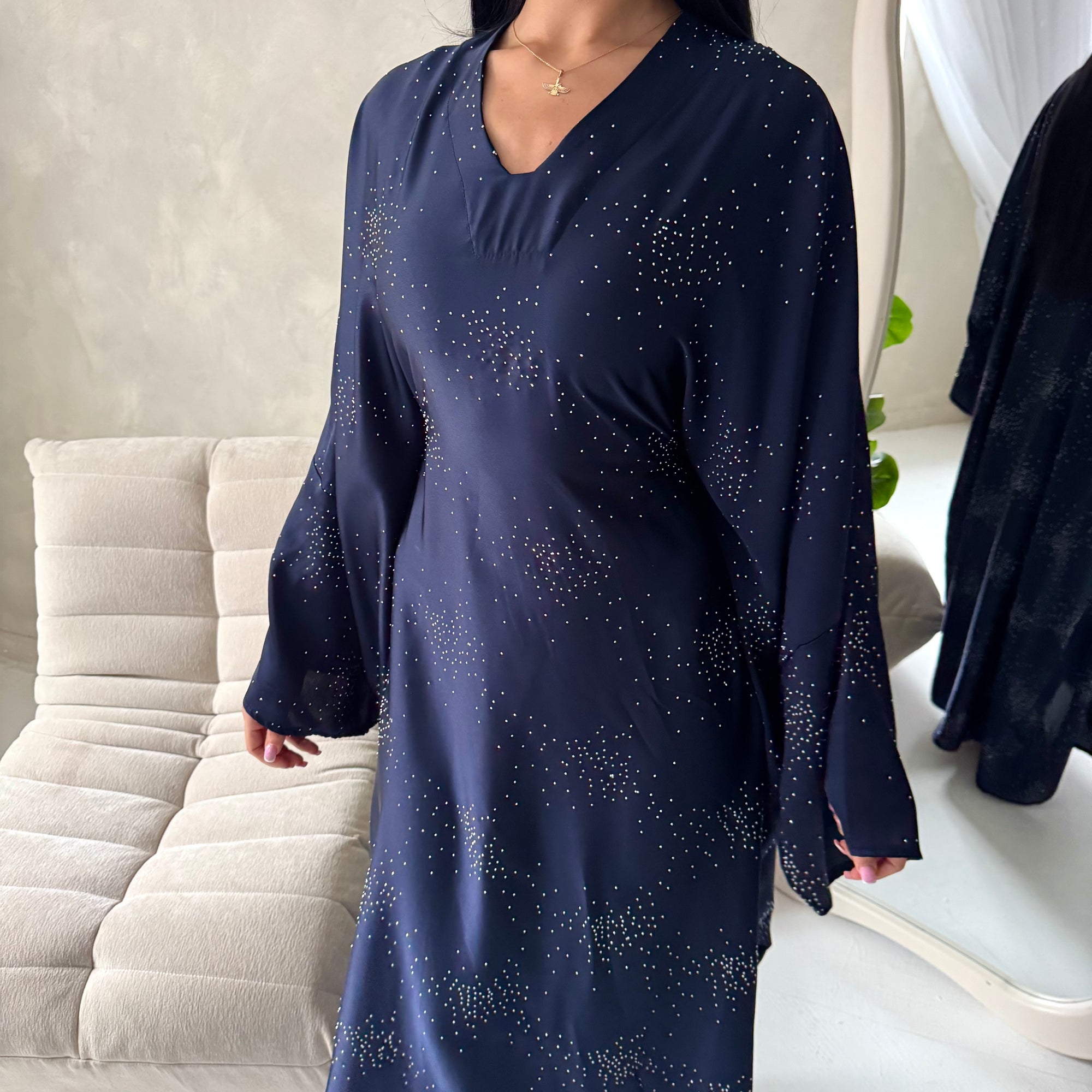 Roya Navy Diamante Detail Modest Kaftan Dress