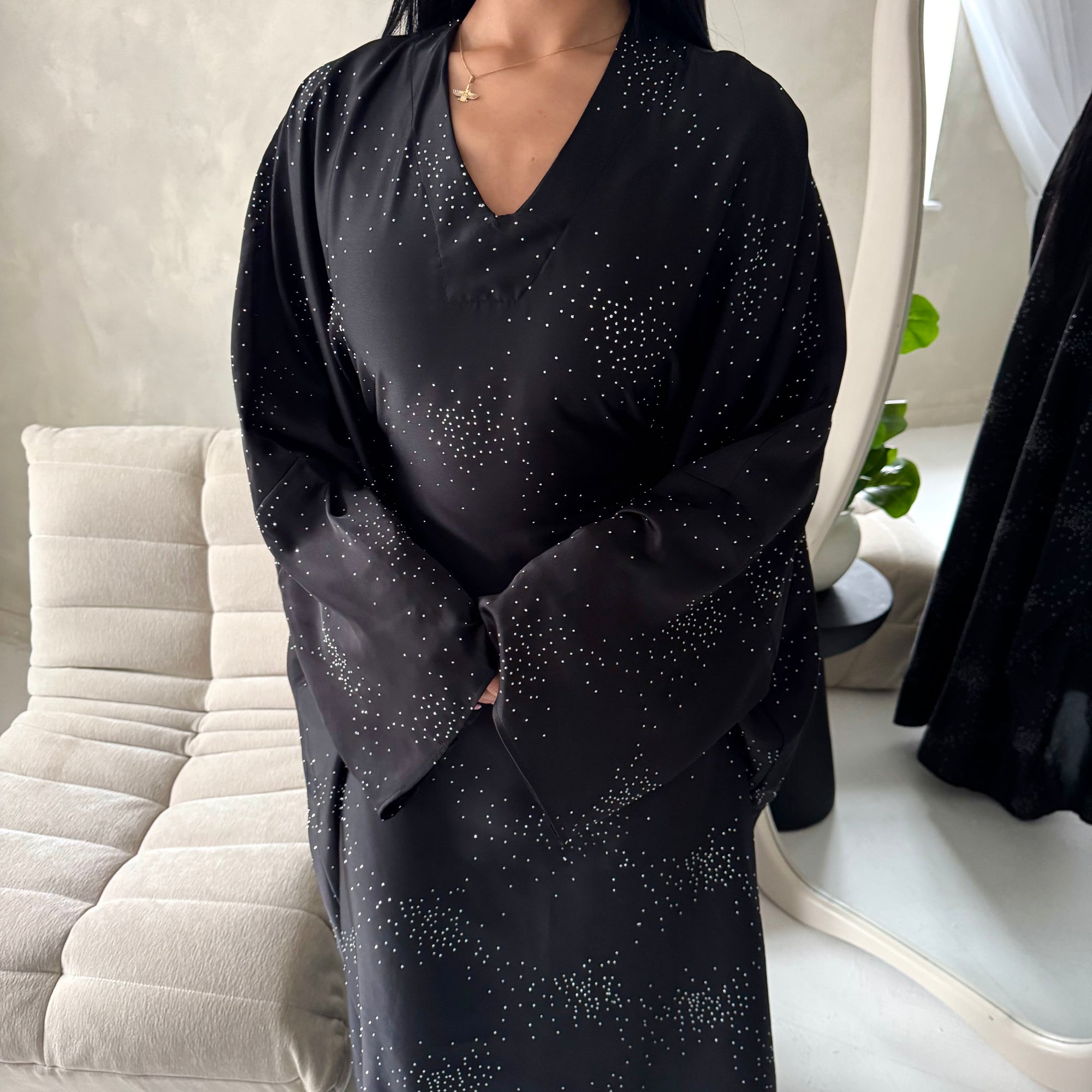 Roya Black Diamante Detail Modest Kaftan Dress