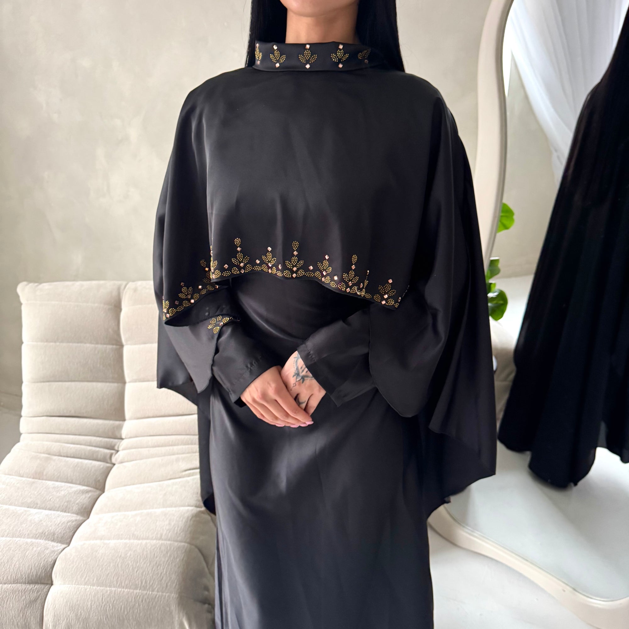 Vida Black High Neck Diamante Detail Cape Dress