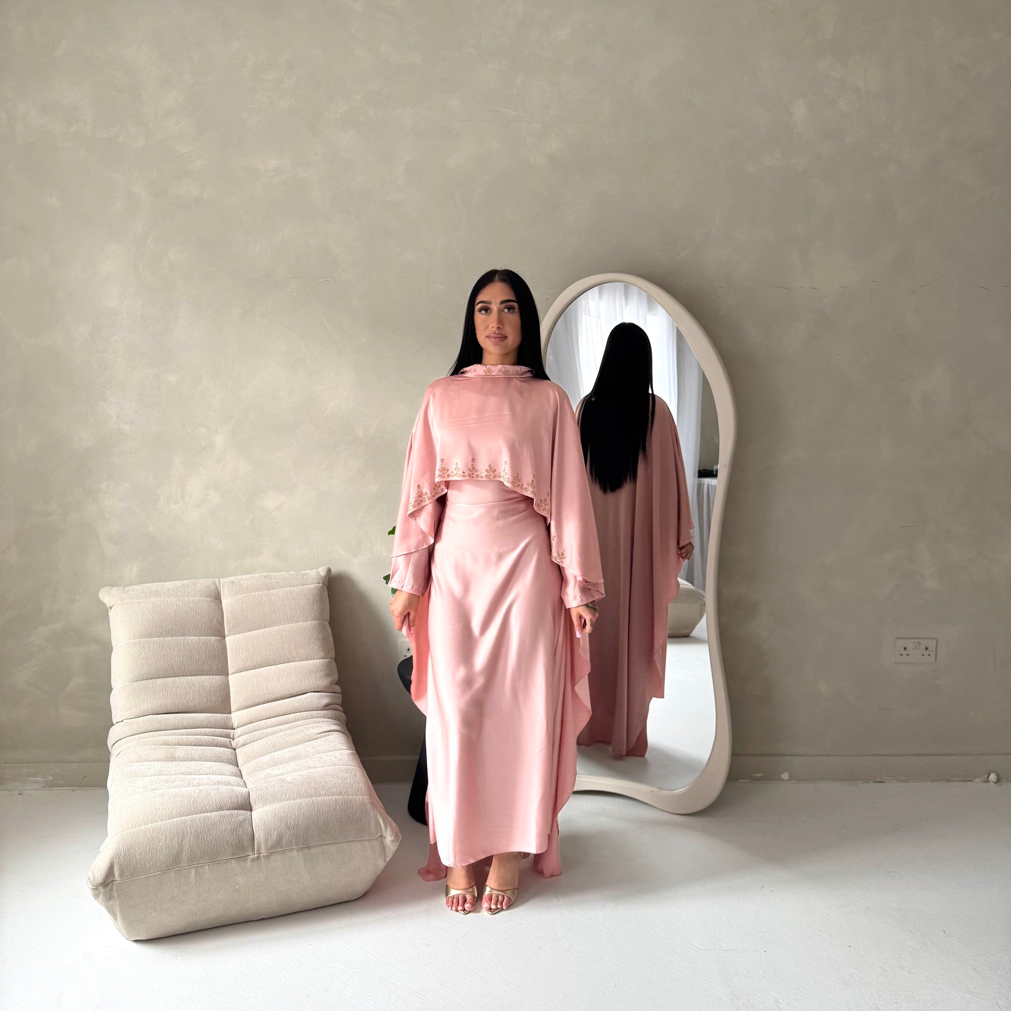 Vida Pink High Neck Diamante Detail Cape Dress