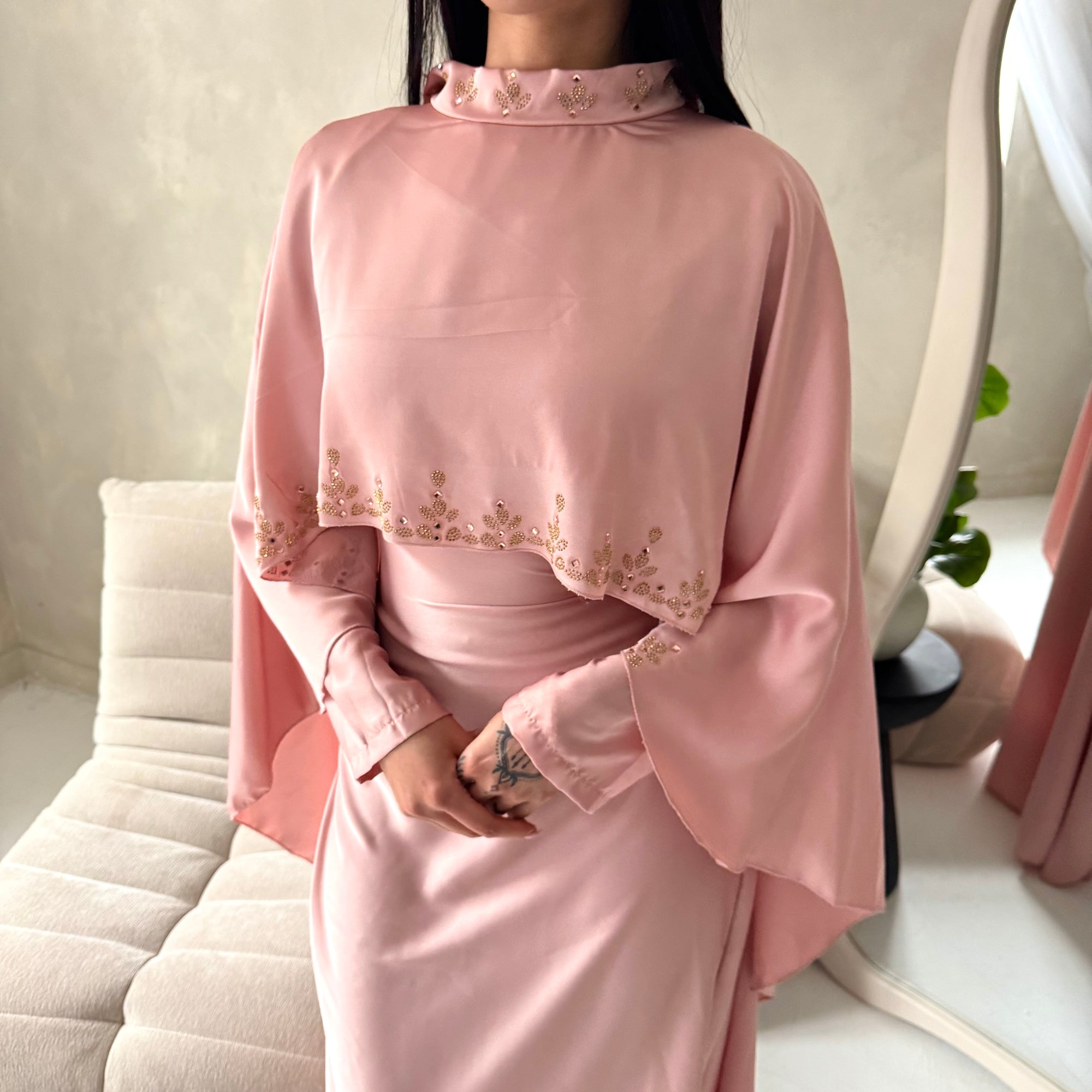 Vida Pink High Neck Diamante Detail Cape Dress