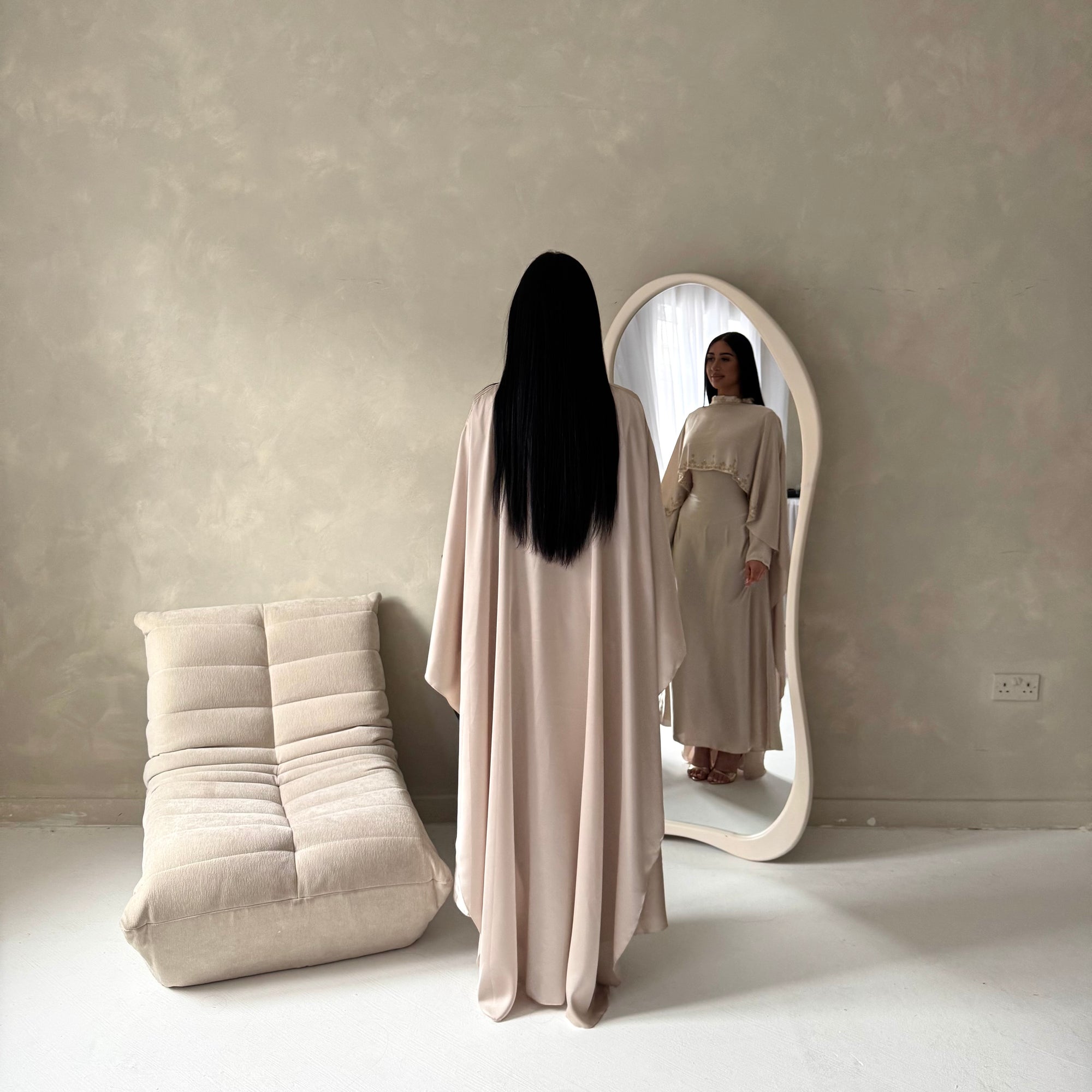 Vida Beige High Neck Diamante Detail Cape Dress