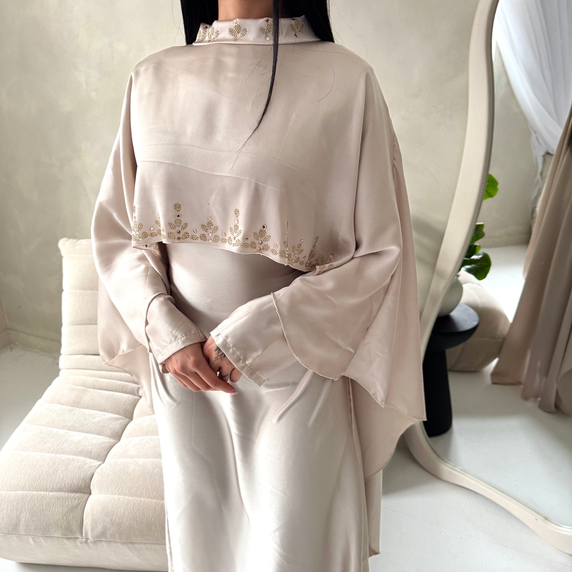 Vida Beige High Neck Diamante Detail Cape Dress