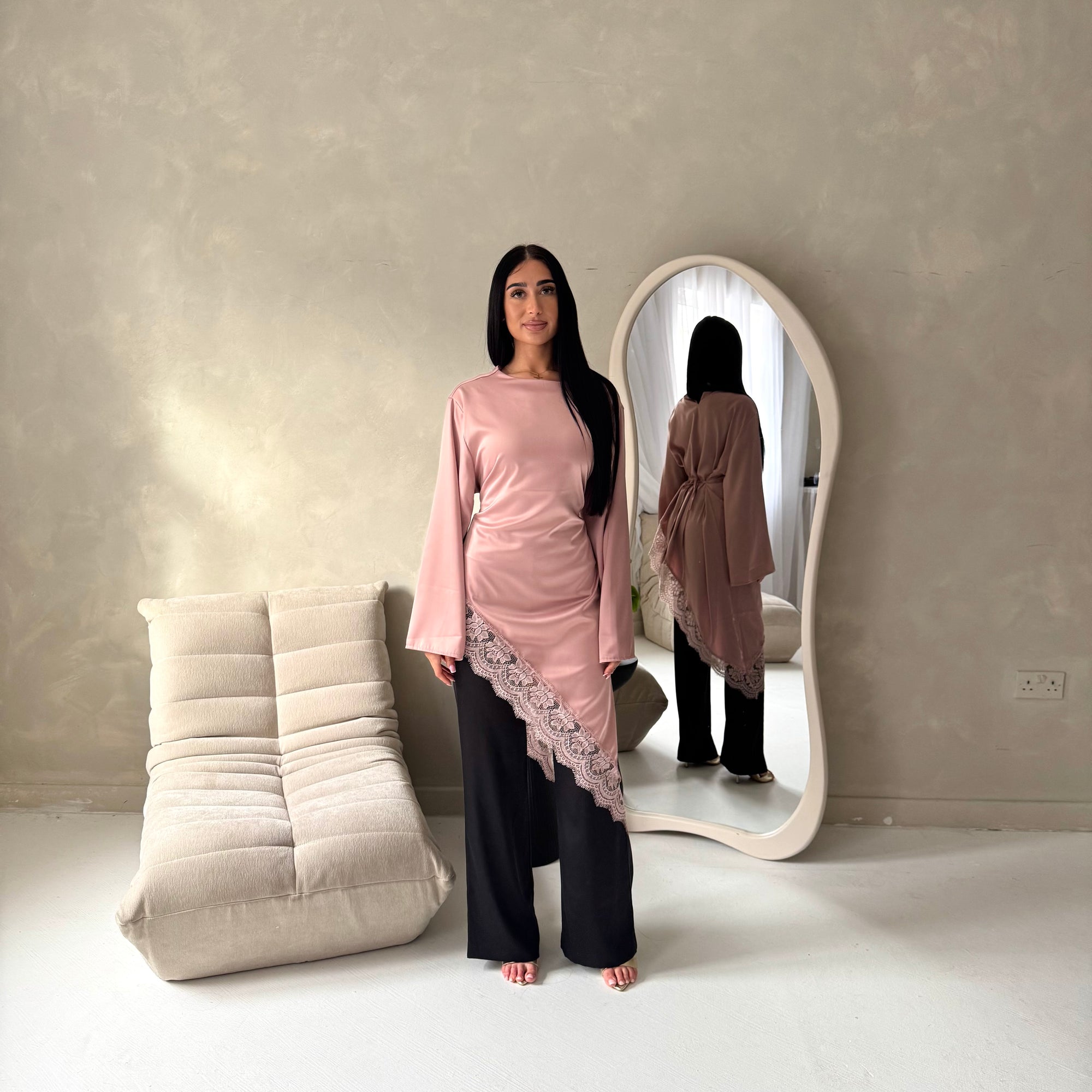 Beyi Pink Lace Assymetrical Satin Midi Dress