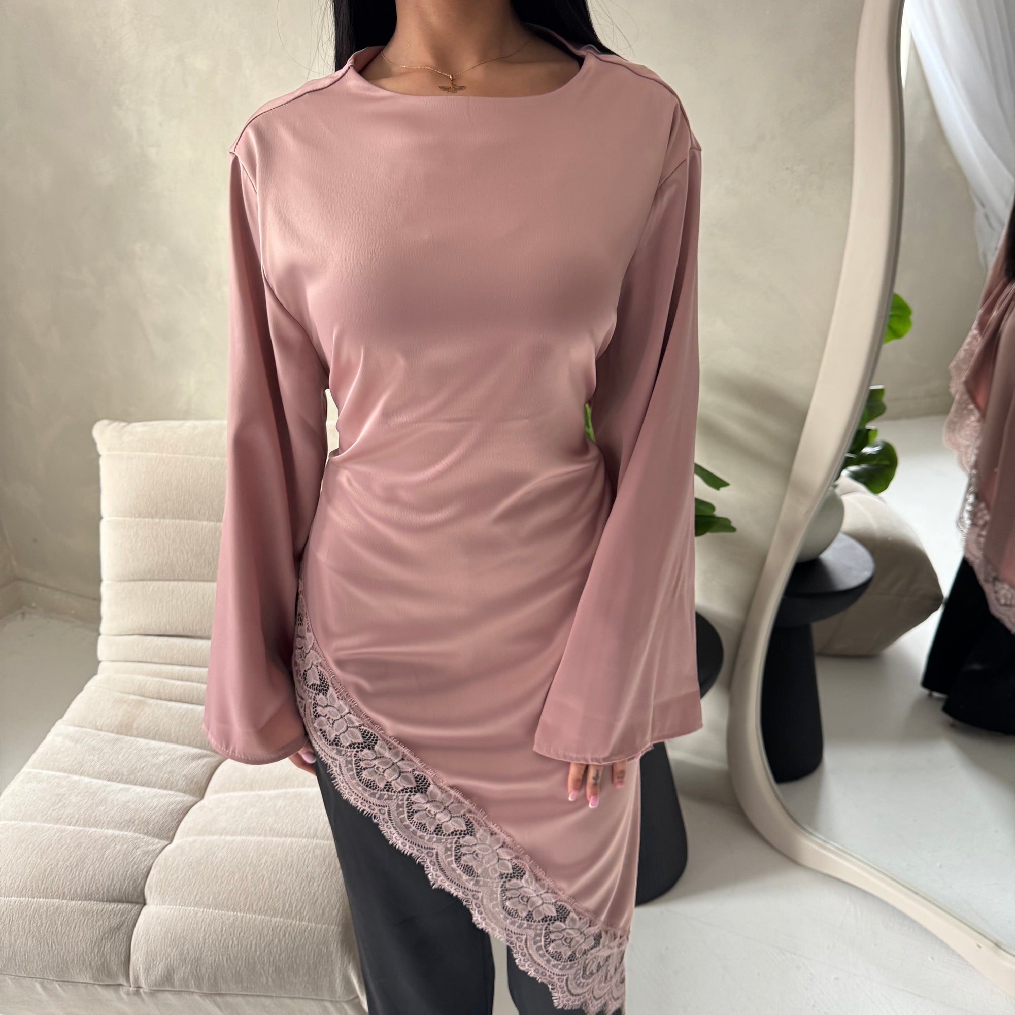 Beyi Pink Lace Assymetrical Satin Midi Dress