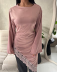 Beyi Pink Lace Assymetrical Satin Midi Dress