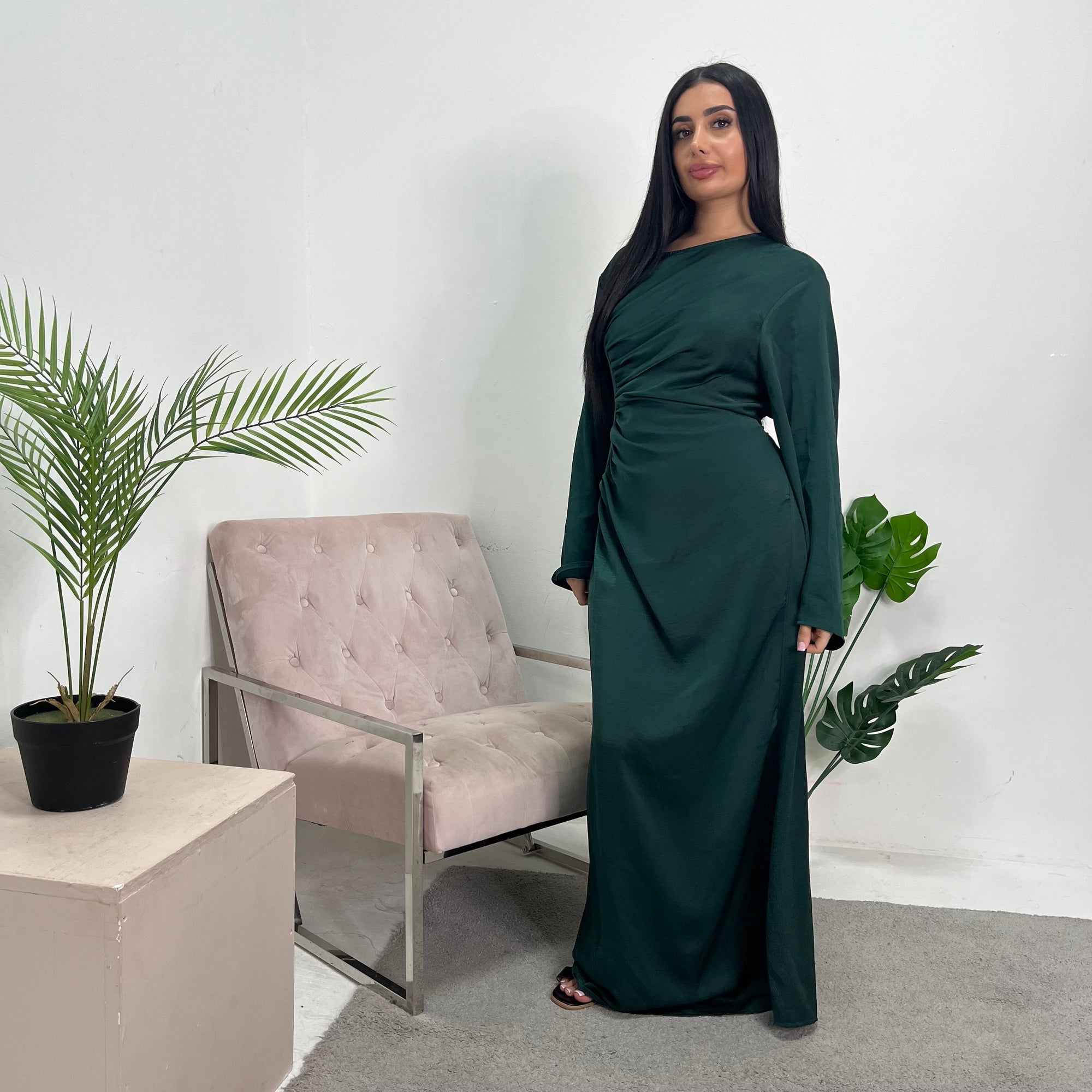 Lara Emerald Green Satin Waist Detail Modest Dress House Of Haniya Lara Emerald Green Satin Waist Detail Modest Dress House Of Haniya