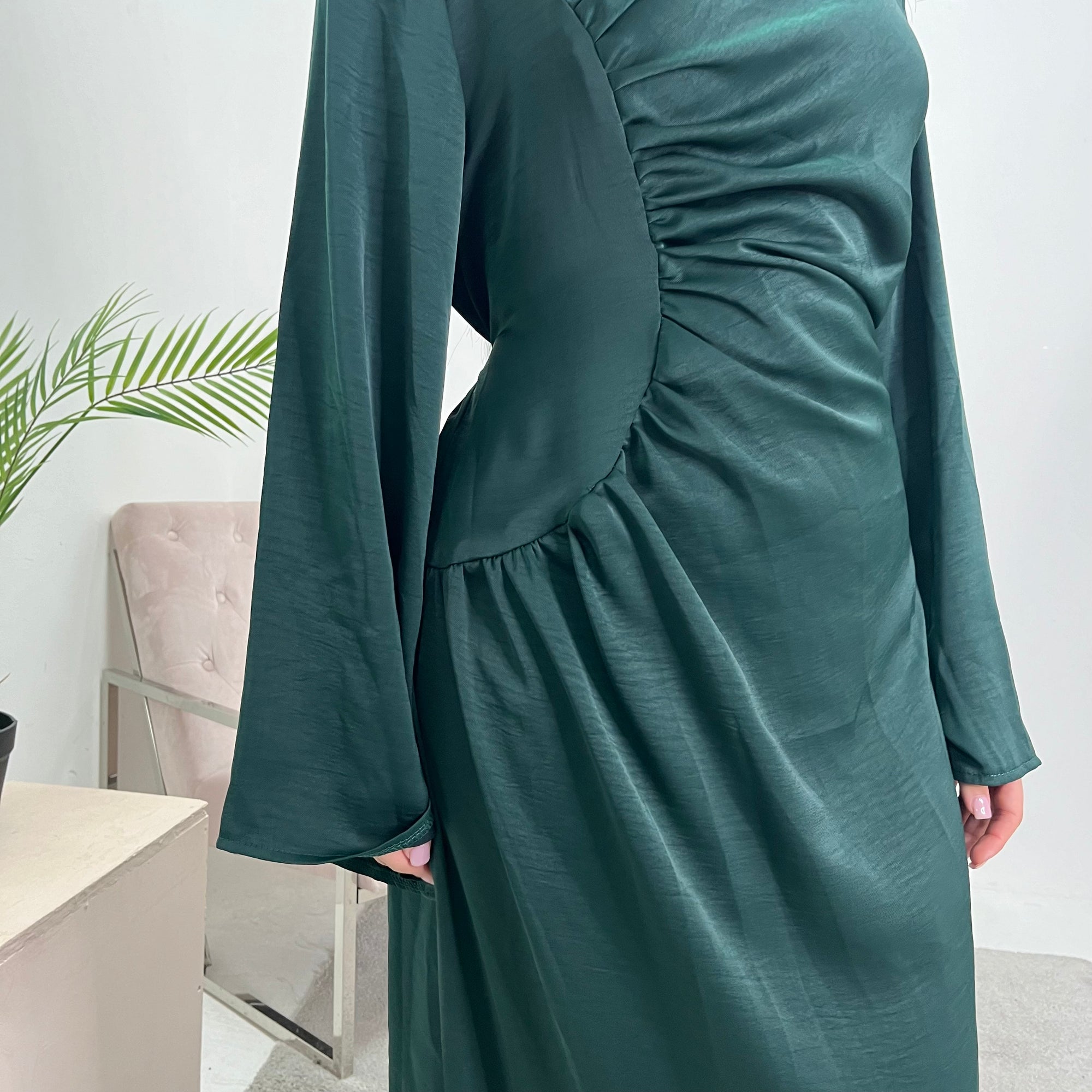 Lara Emerald Green Satin Waist Detail Modest Dress House Of Haniya Lara Emerald Green Satin Waist Detail Modest Dress House Of Haniya