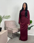 Lara Wine Satin Waist Detail Modest Dress