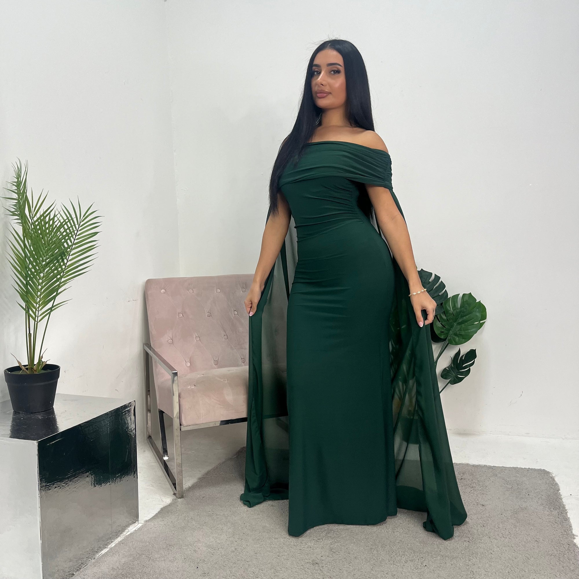 Zel Emerald Green Off Shoulder Mesh Cape Premium Elegant Dress House Of Haniya Zel Emerald Green Off Shoulder Mesh Cape Premium Elegant Dress House Of Haniya