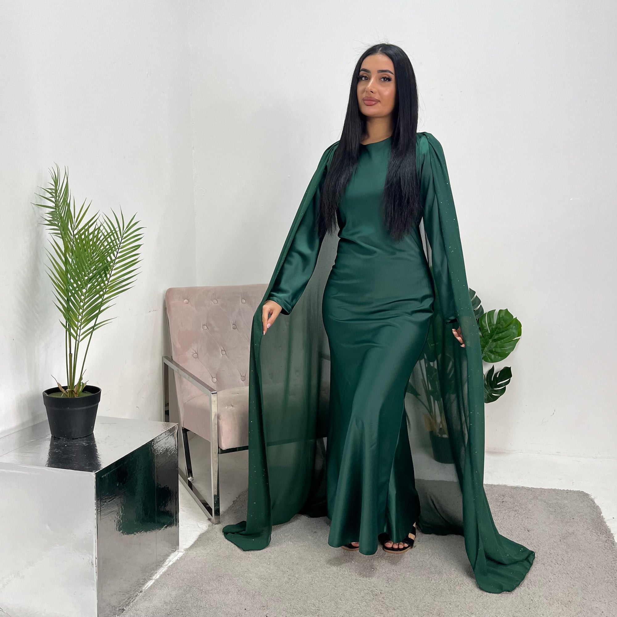 Kezia Emerald Green Satin Diamante Cape Modest Dress House Of Haniya Kezia Emerald Green Satin Diamante Cape Modest Dress House Of Haniya