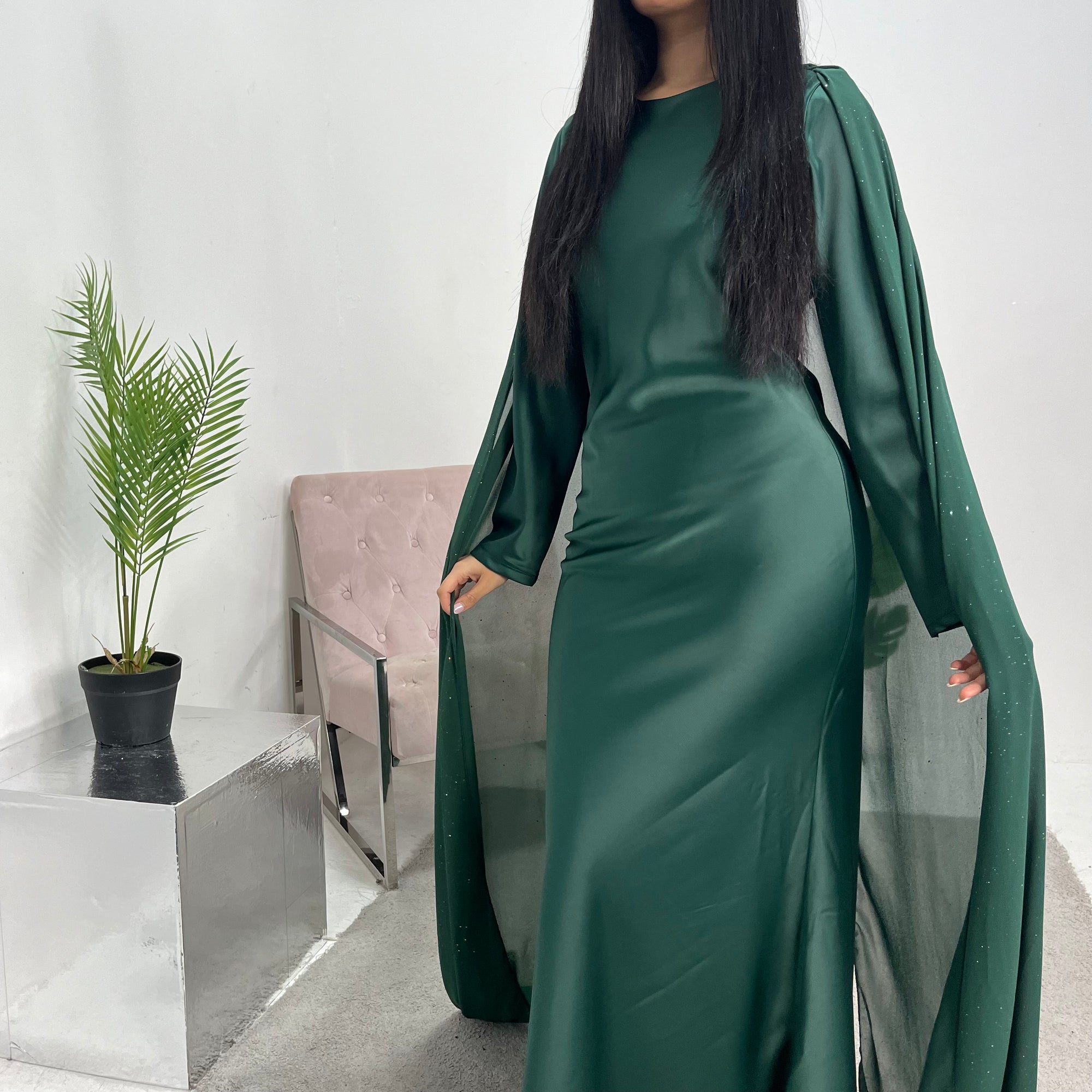 Kezia Emerald Green Satin Diamante Cape Modest Dress House Of Haniya Kezia Emerald Green Satin Diamante Cape Modest Dress House Of Haniya