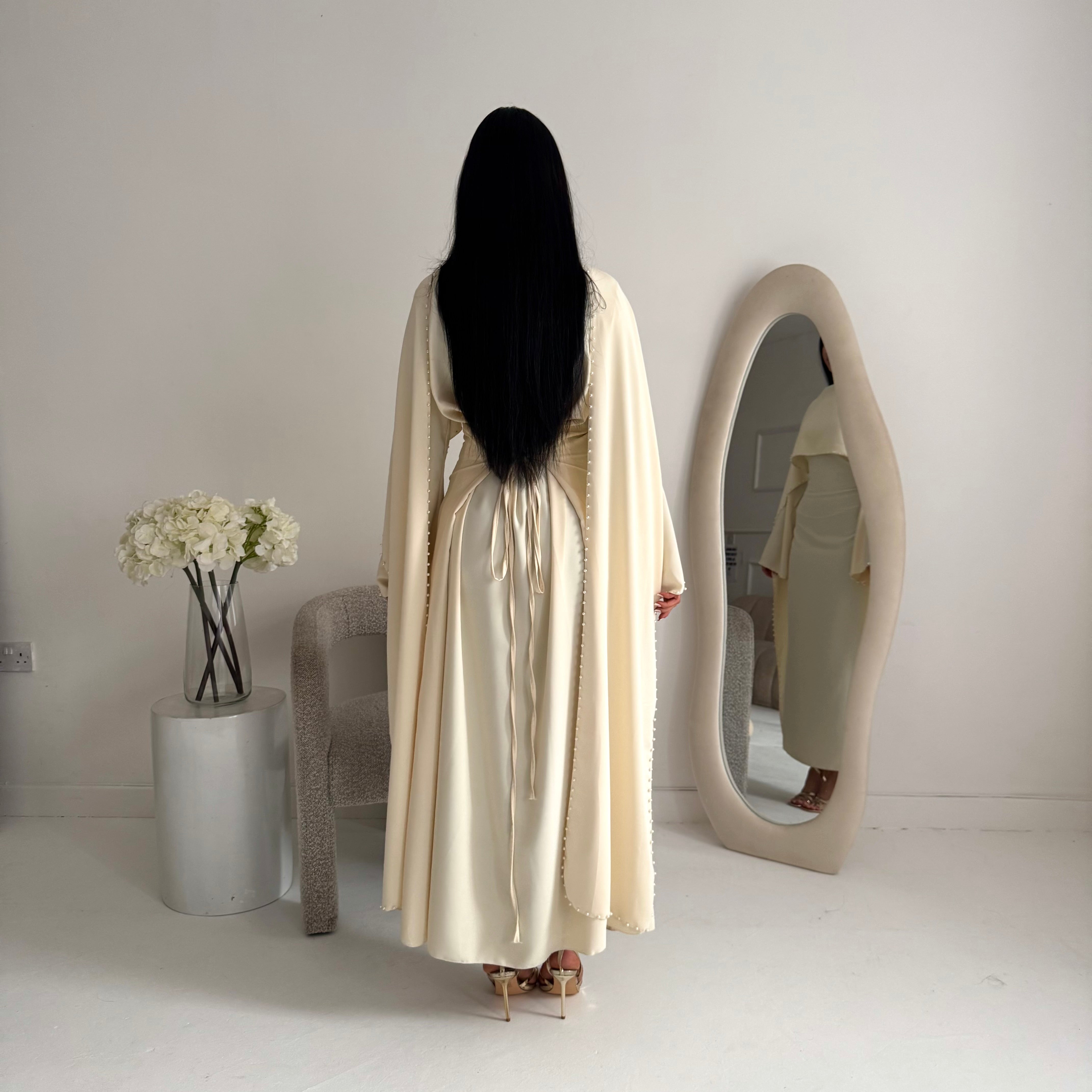 Sherin Cream Pearl Detail Modest Dress – House Of Haniya