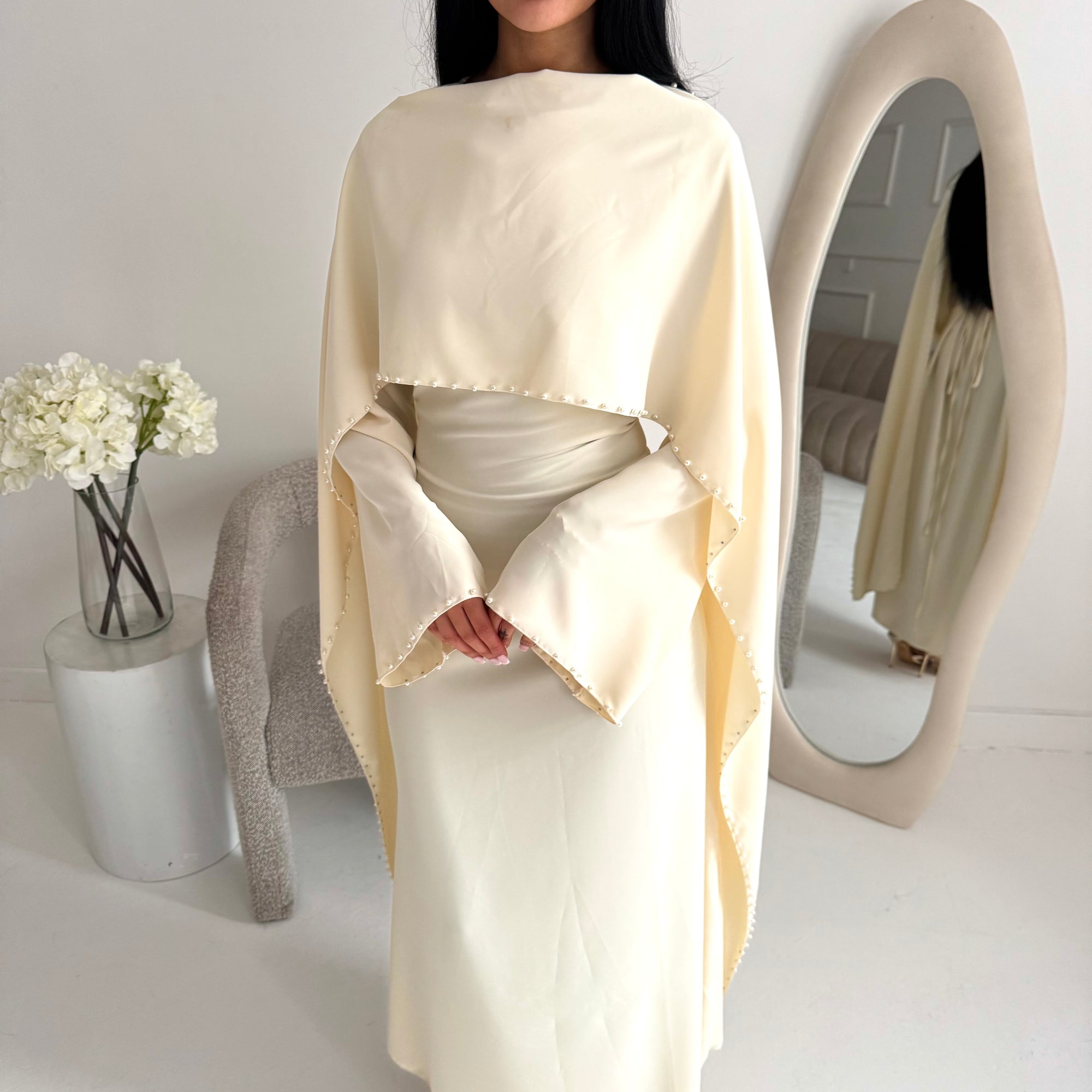 cream modest dress Lace Detail Maxi Dress