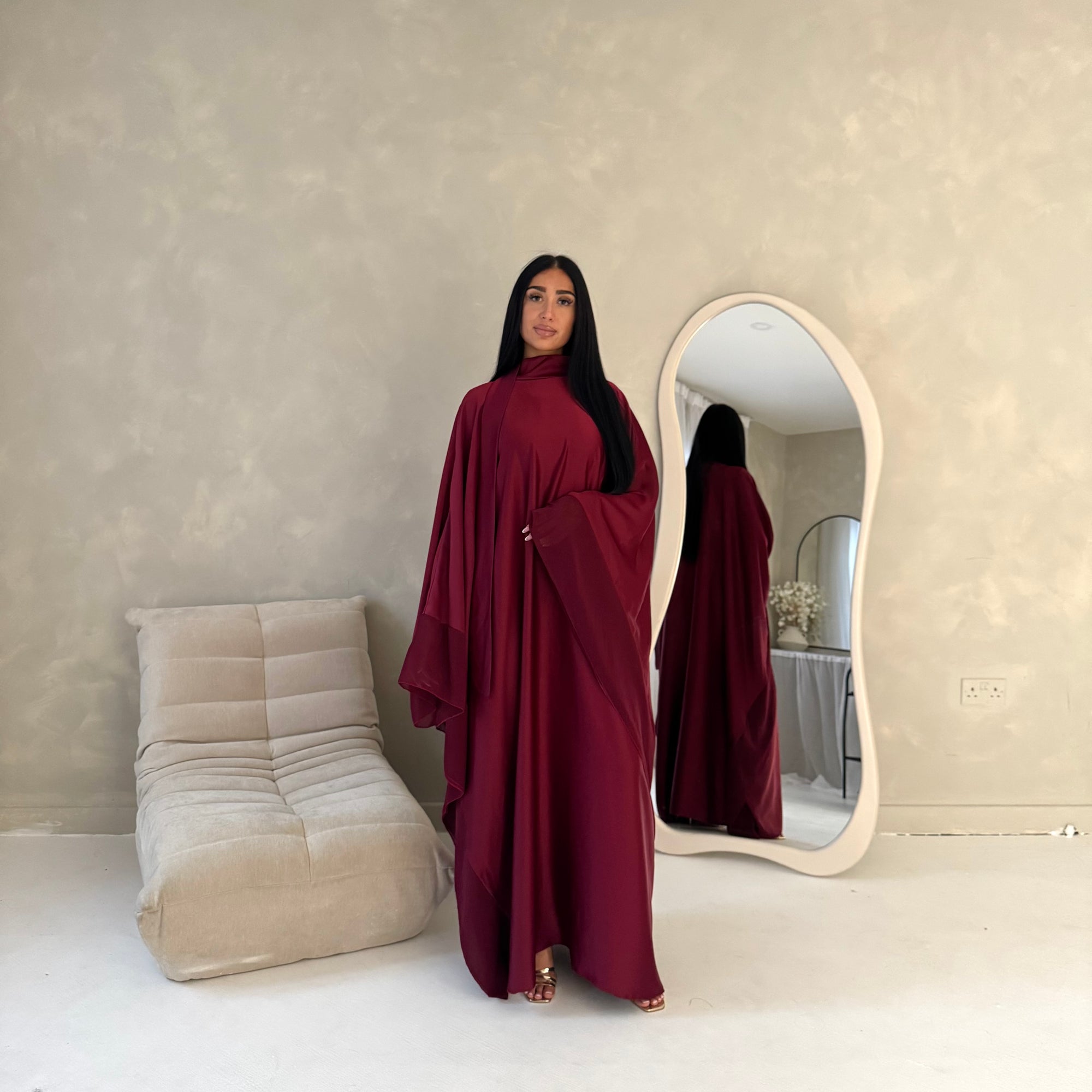Maya Wine Satin Kaftan With Neck Scarf Dress
