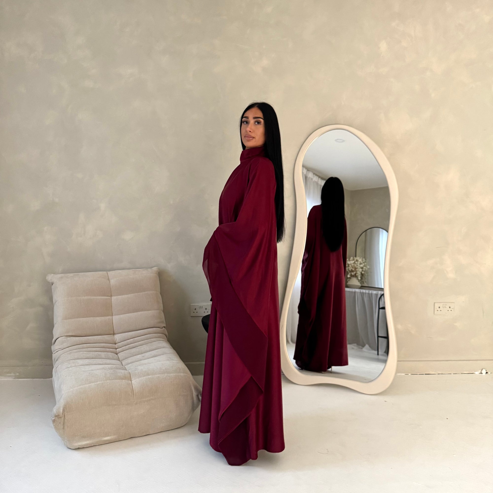 Maya Wine Satin Kaftan With Neck Scarf Dress