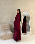 Maya Wine Satin Kaftan With Neck Scarf Dress