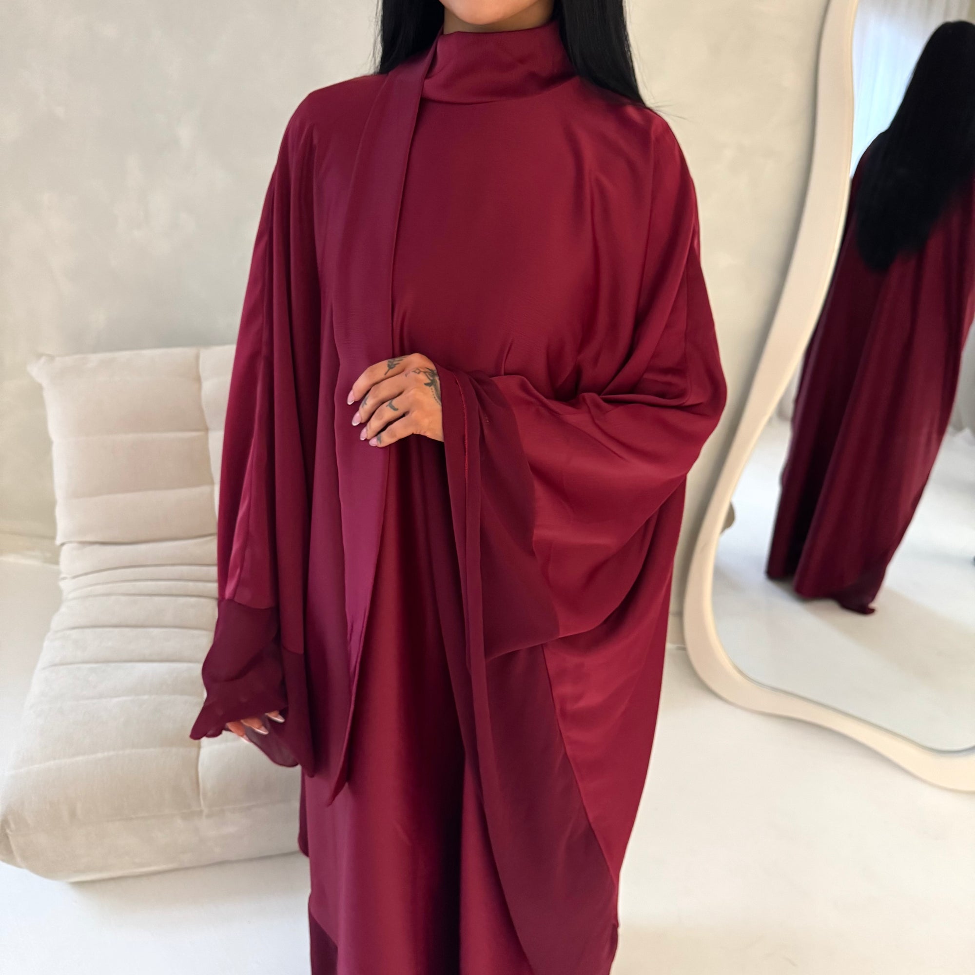 Maya Wine Satin Kaftan With Neck Scarf Dress