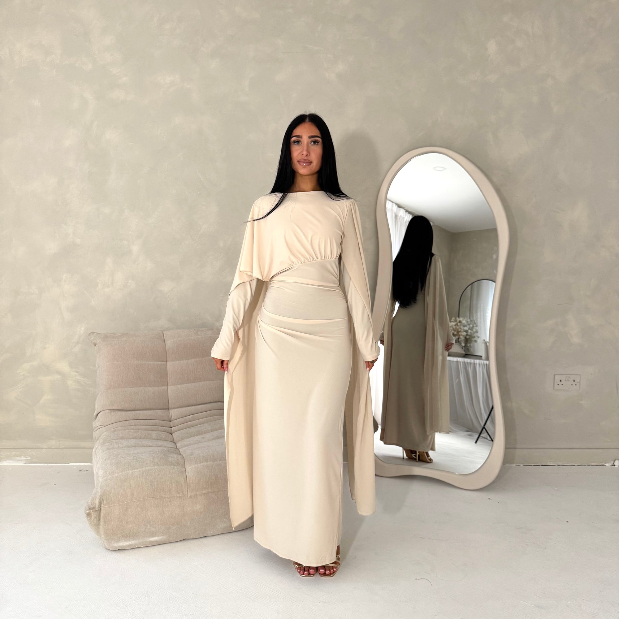 Nari Beige Plain Waist Ruched Sleeve Cape Dress