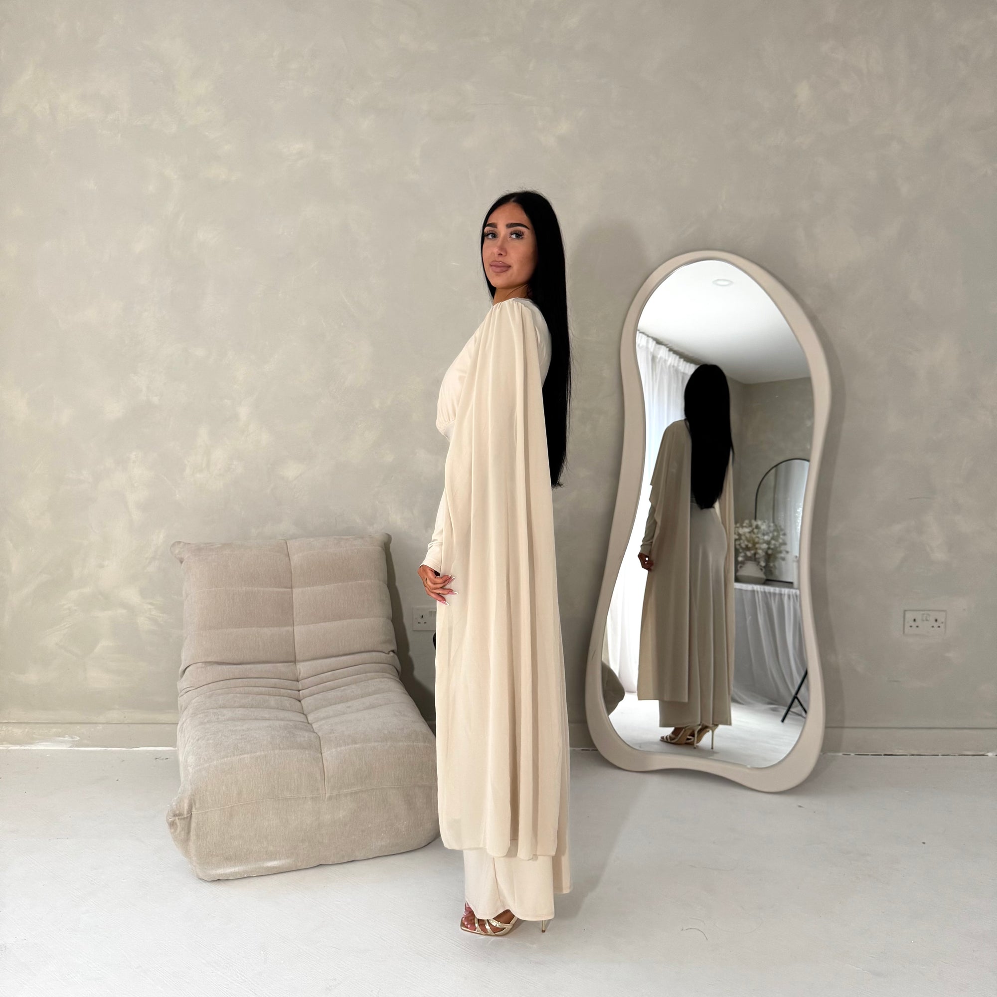 Nari Beige Plain Waist Ruched Sleeve Cape Dress