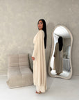 Nari Beige Plain Waist Ruched Sleeve Cape Dress