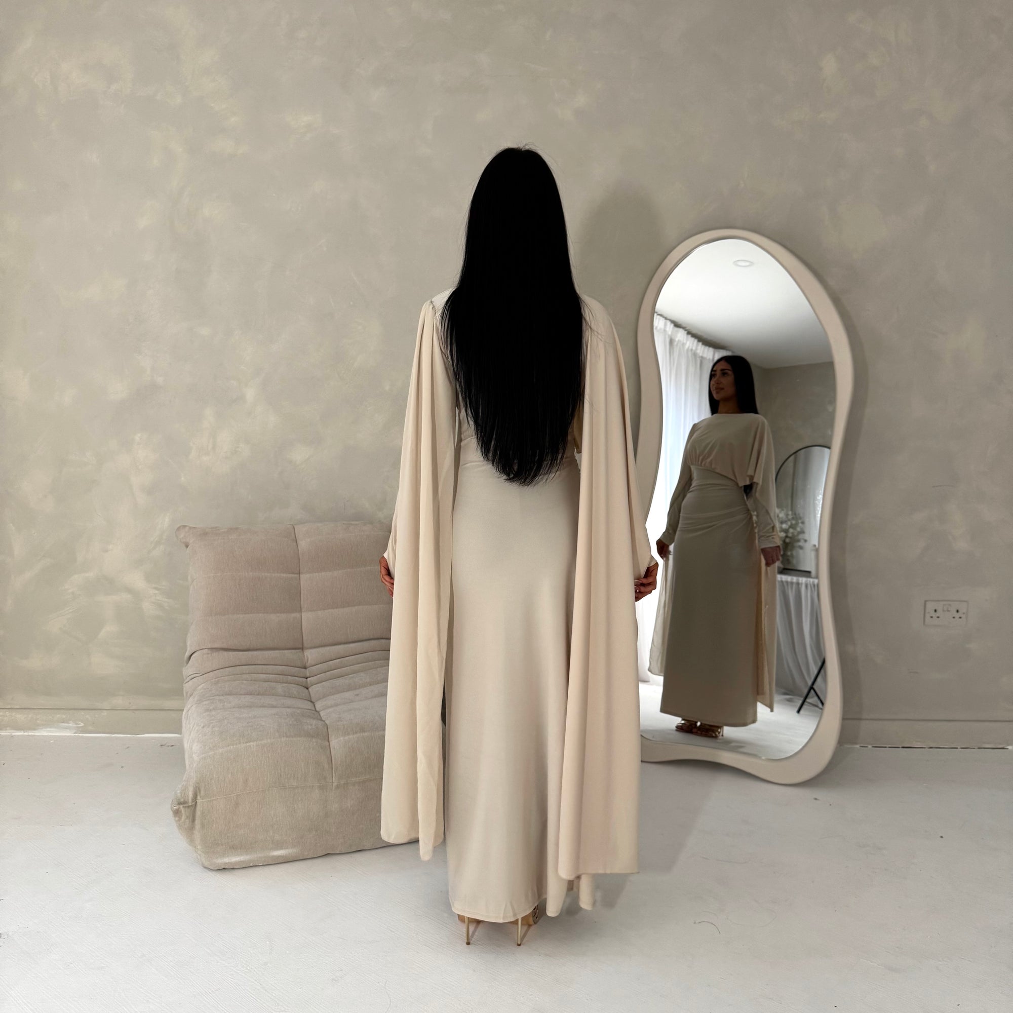 Nari Beige Plain Waist Ruched Sleeve Cape Dress