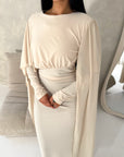 Nari Beige Plain Waist Ruched Sleeve Cape Dress