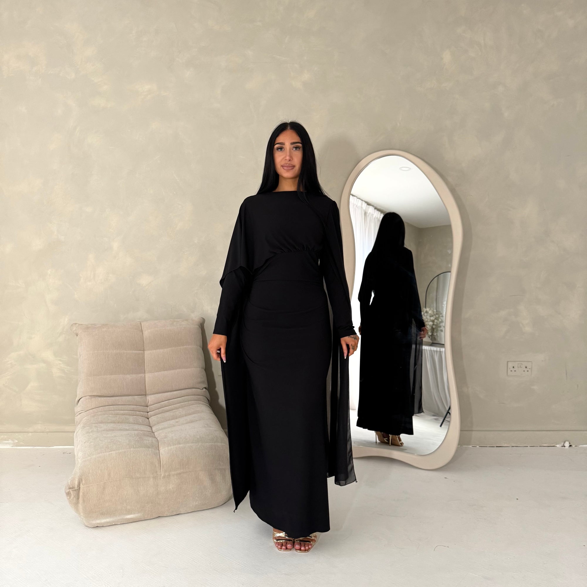 Nari Black Plain Waist Ruched Sleeve Cape Dress