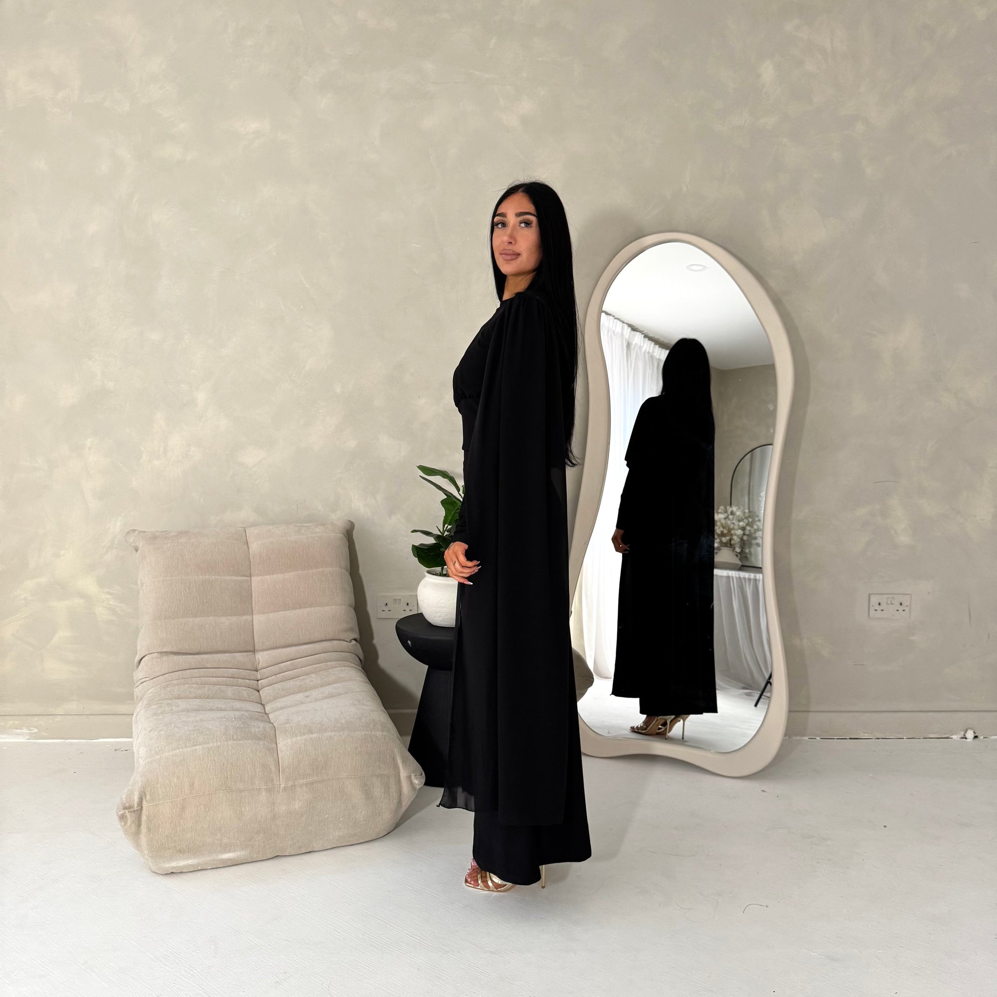 Nari Black Plain Waist Ruched Sleeve Cape Dress