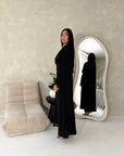 Nari Black Plain Waist Ruched Sleeve Cape Dress