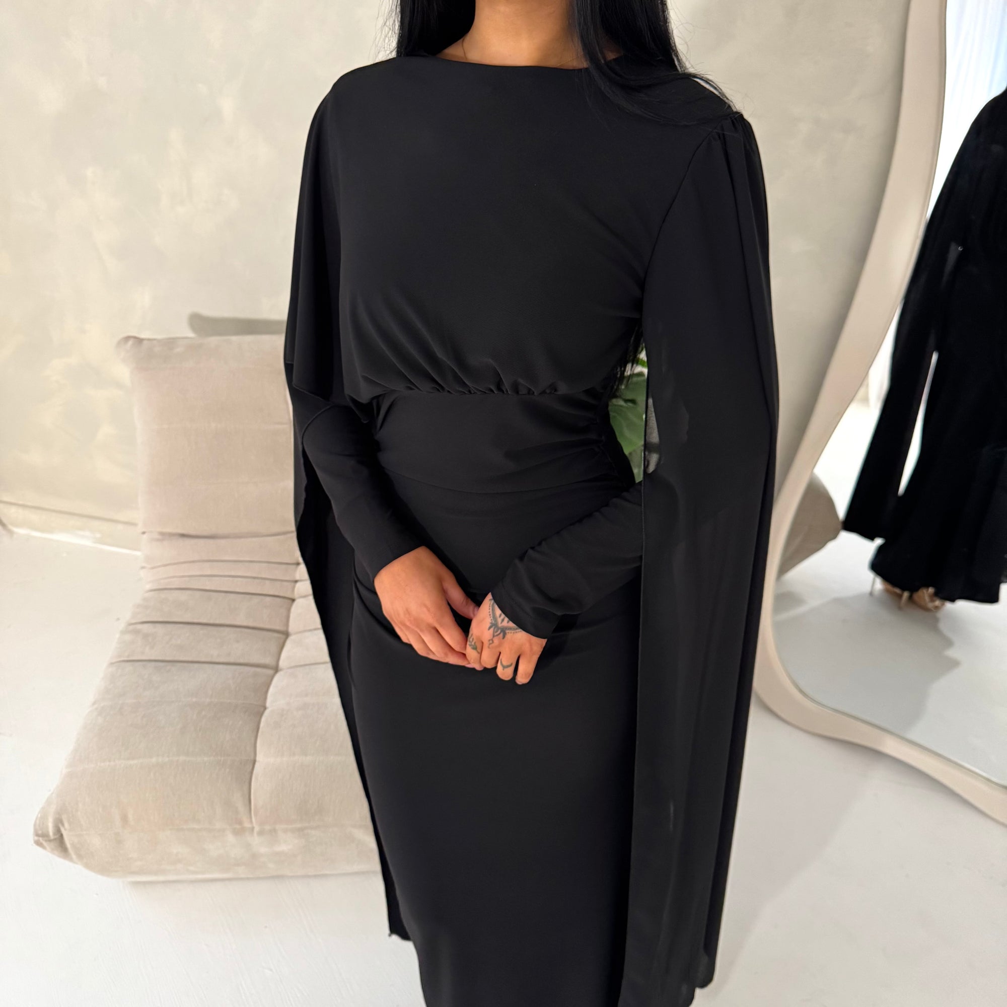 Nari Black Plain Waist Ruched Sleeve Cape Dress