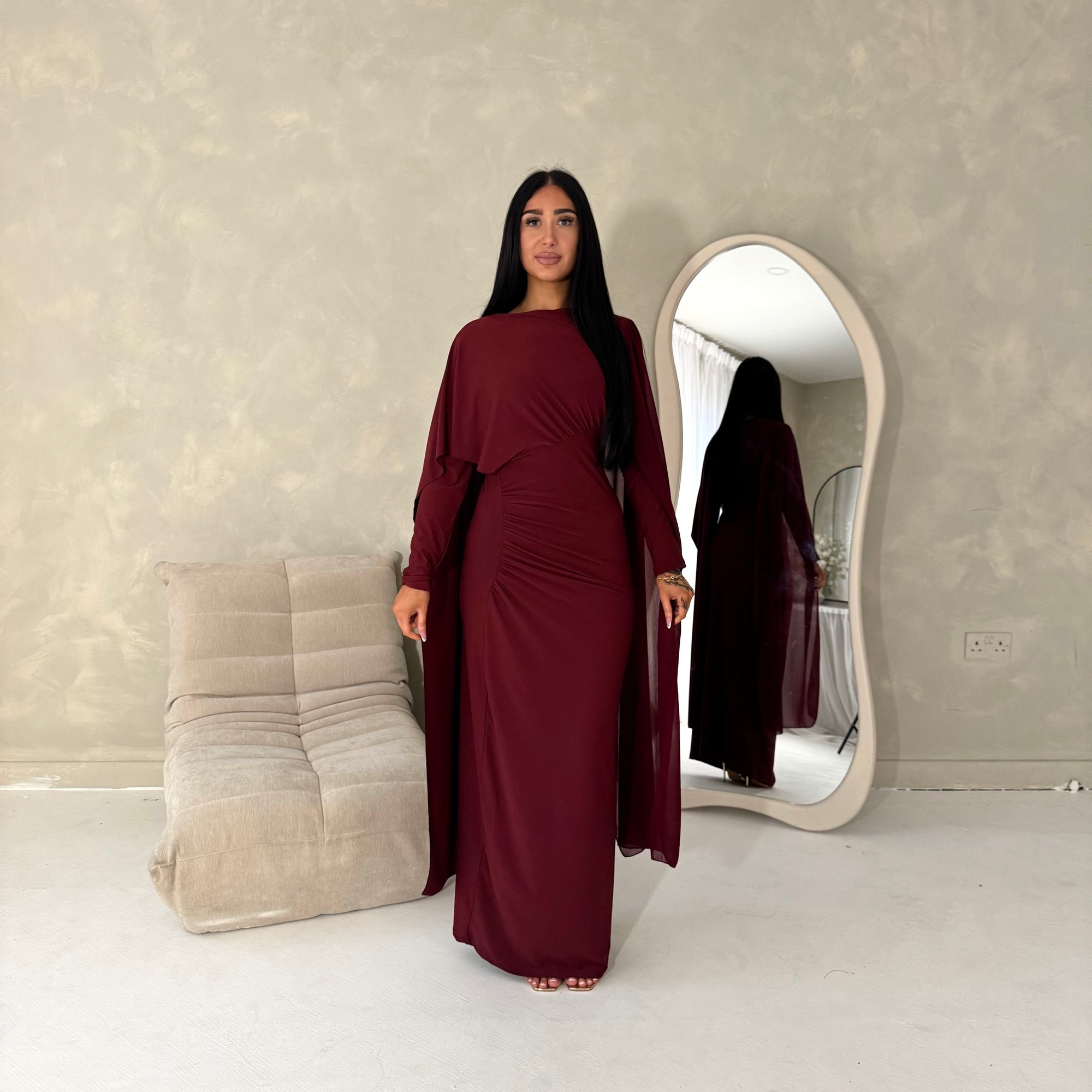 ruched cape dress Hege Cream Glossy Ruched Cape Maxi Dress (Final Sale-US Only), XS / Neutrals