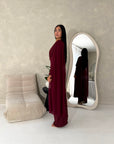 Nari Wine Plain Waist Ruched Sleeve Cape Dress