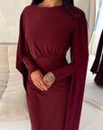 Nari Wine Plain Waist Ruched Sleeve Cape Dress